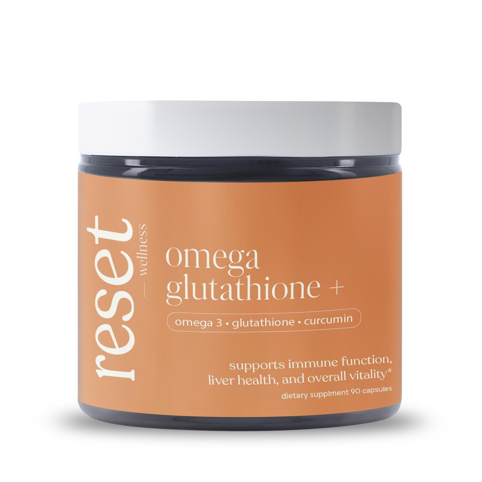 Reset Wellness Omega GLUTATHIONE+ en botella para defensa antioxidante diaria.