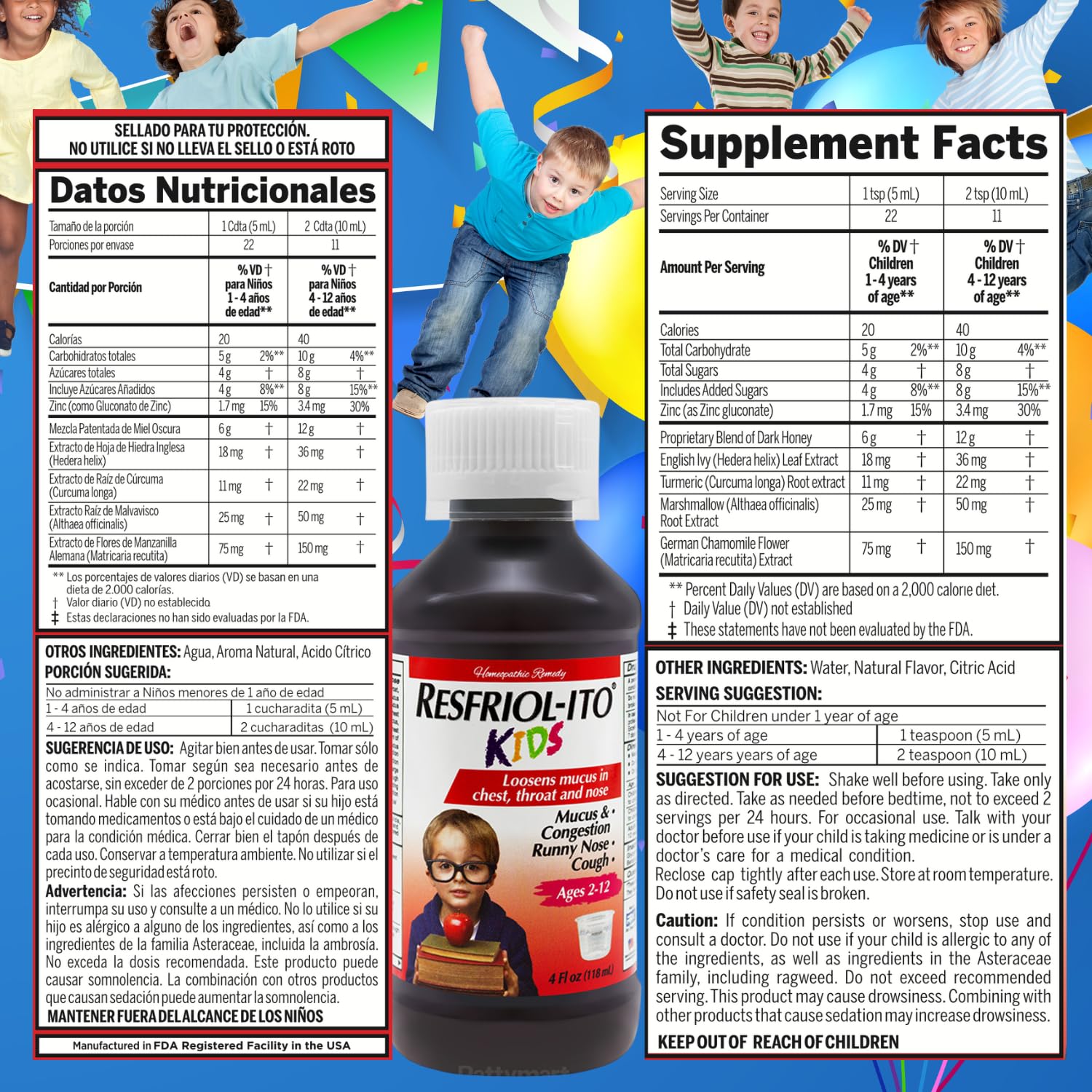 Resfriolito Kids: ingredientes naturales como hojas de hiedra y agave, para apoyar la respiración.