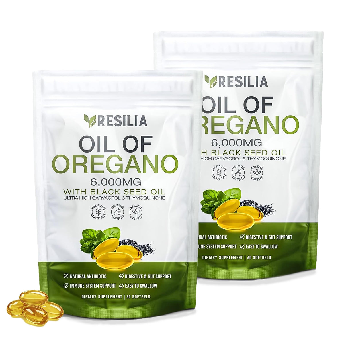 Resilia Aceite de Orégano Cápsulas Blandas, empaque frontal para uso diario