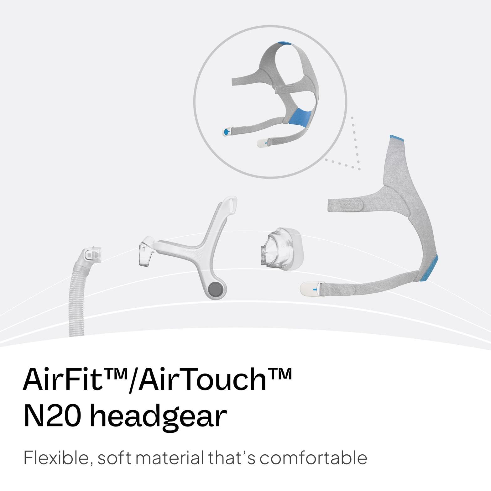 ResMed AirFit AirTouch N20 headgear azul, vista lateral, ajuste estable durante la noche