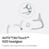 ResMed AirFit AirTouch N20 headgear azul, vista lateral, ajuste estable durante la noche
