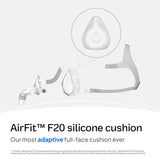 La almohadilla ResMed AirFit F20 ofrece ajuste adaptable para distintos perfiles faciales.