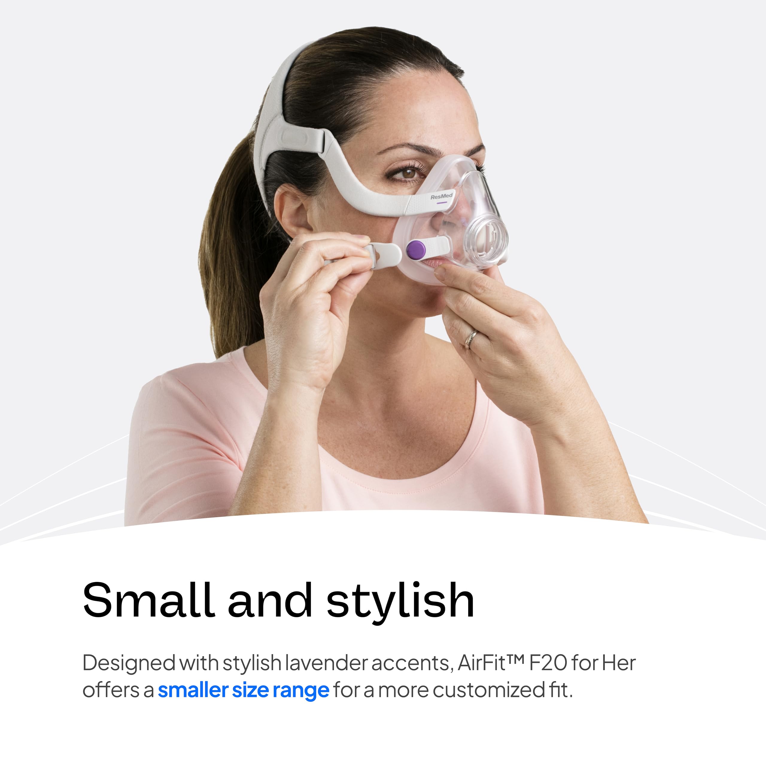 ResMed AirFit F20 para Mujer, codo de liberación rápida para desconectar sin quitar la máscara.