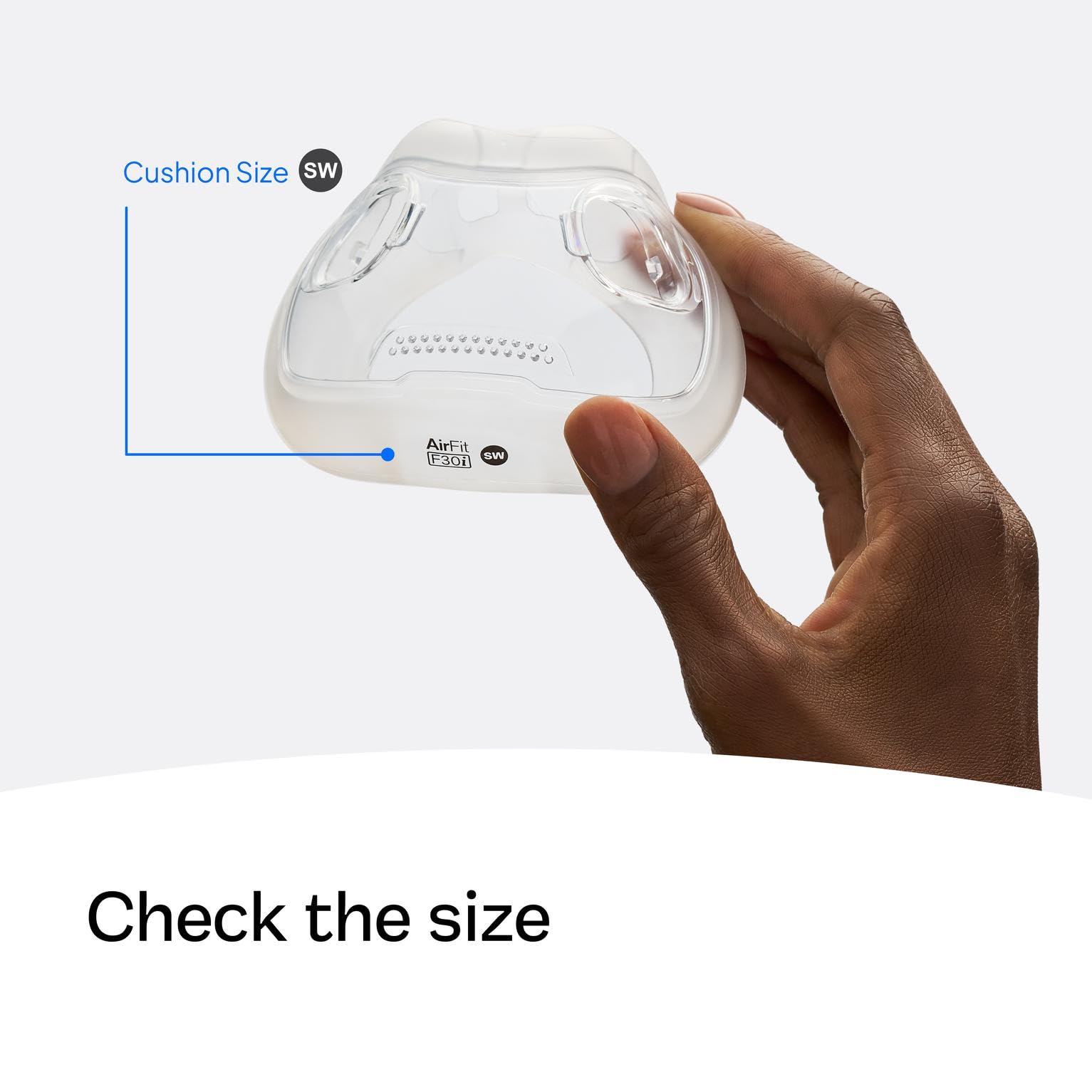 Cojín AirFit F30i evita presión nasal, reduciendo rojeces en el puente nasal