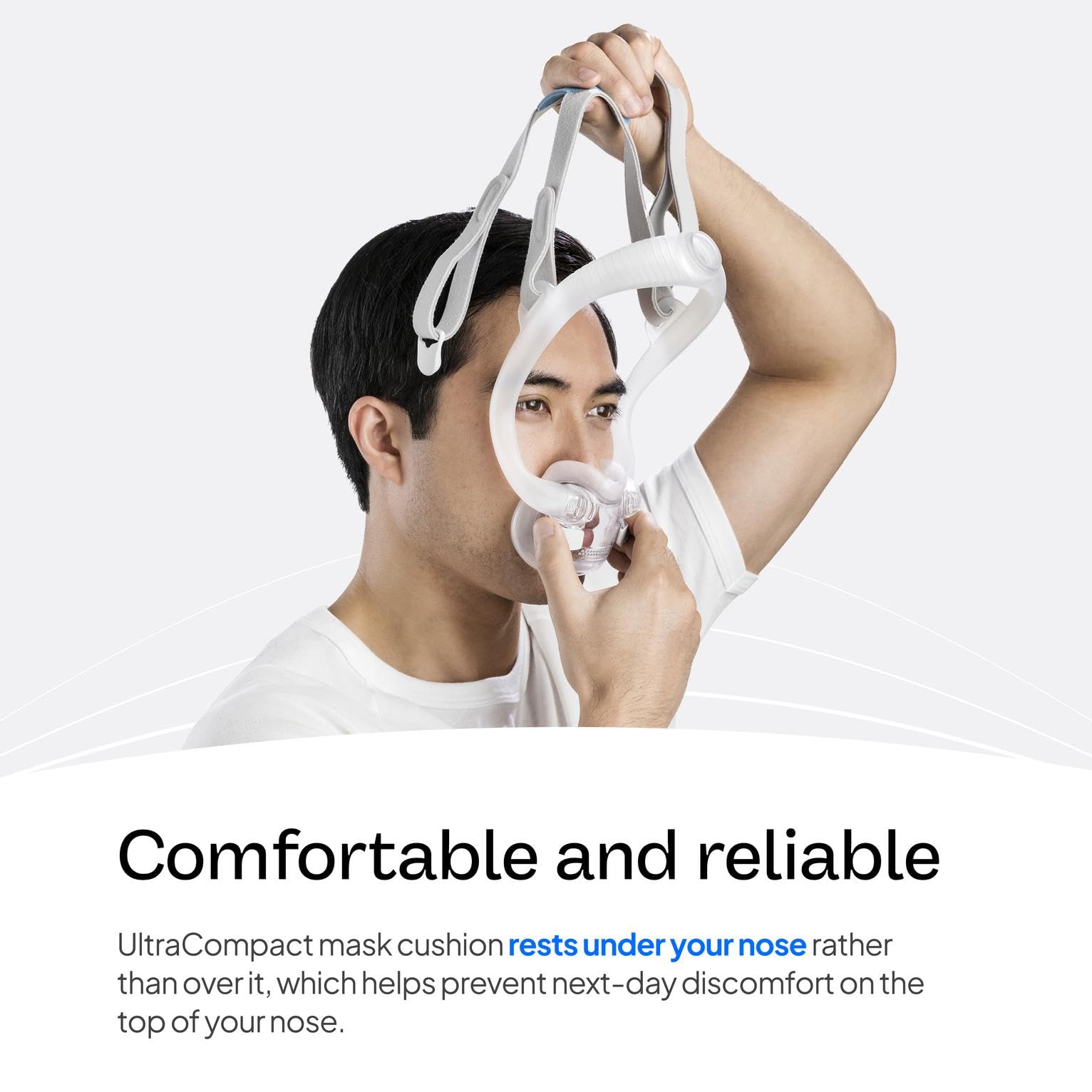 Diseño ultracompacto del AirFit F30i evita presión en el puente nasal.