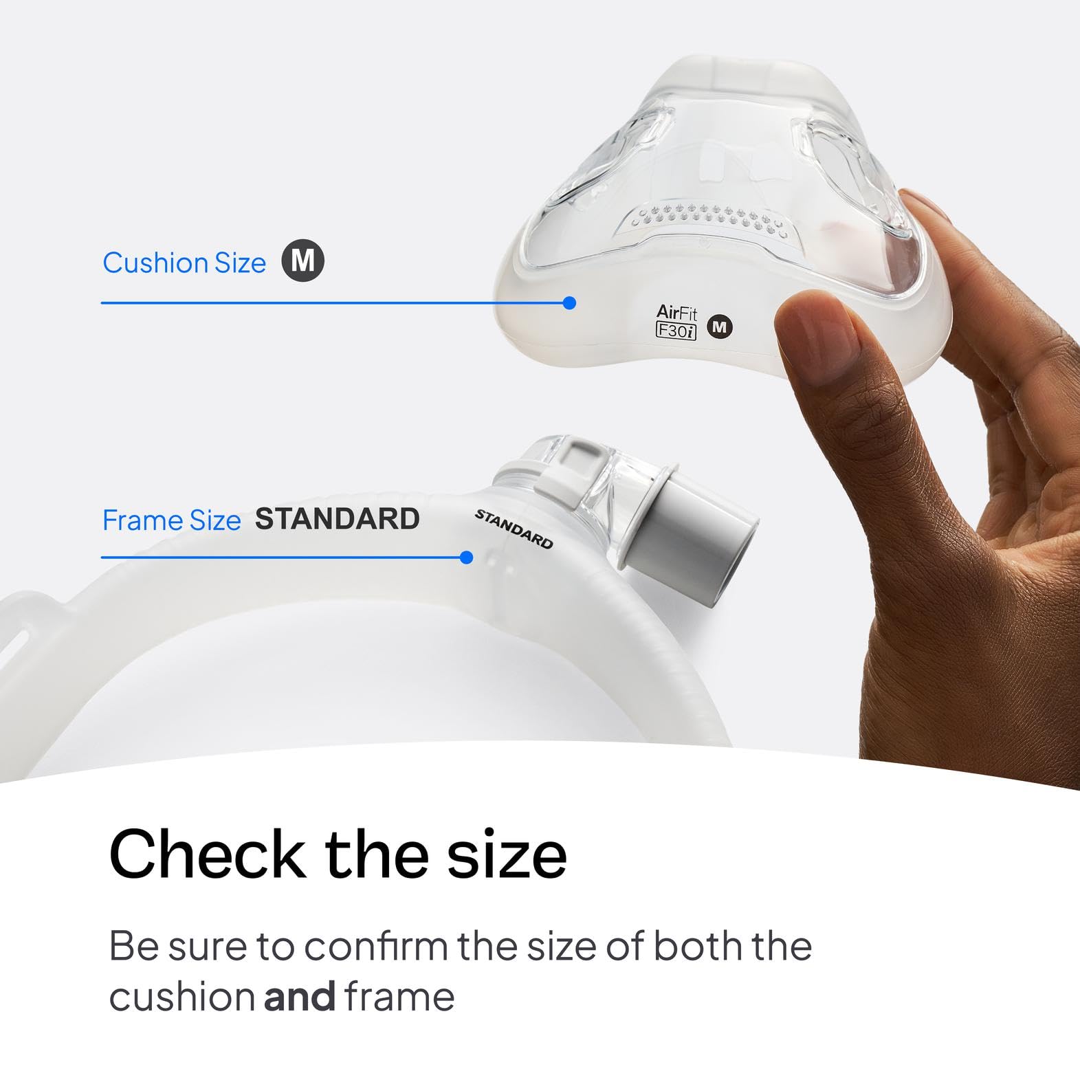 ResMed AirFit F30i: marco frontal estable para un ajuste cómodo.