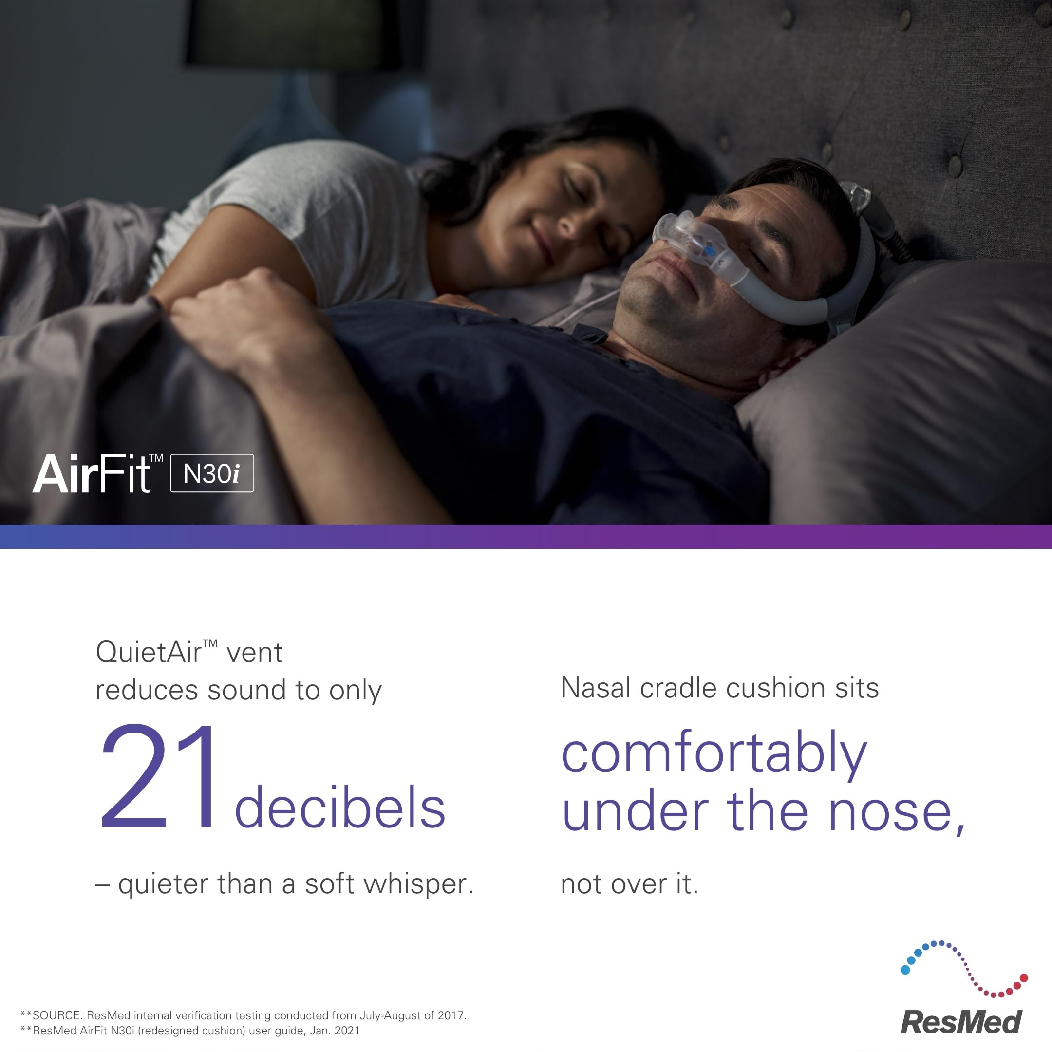 ResMed AirFit N30i: conexión superior para libertad de movimiento durante el sueño.