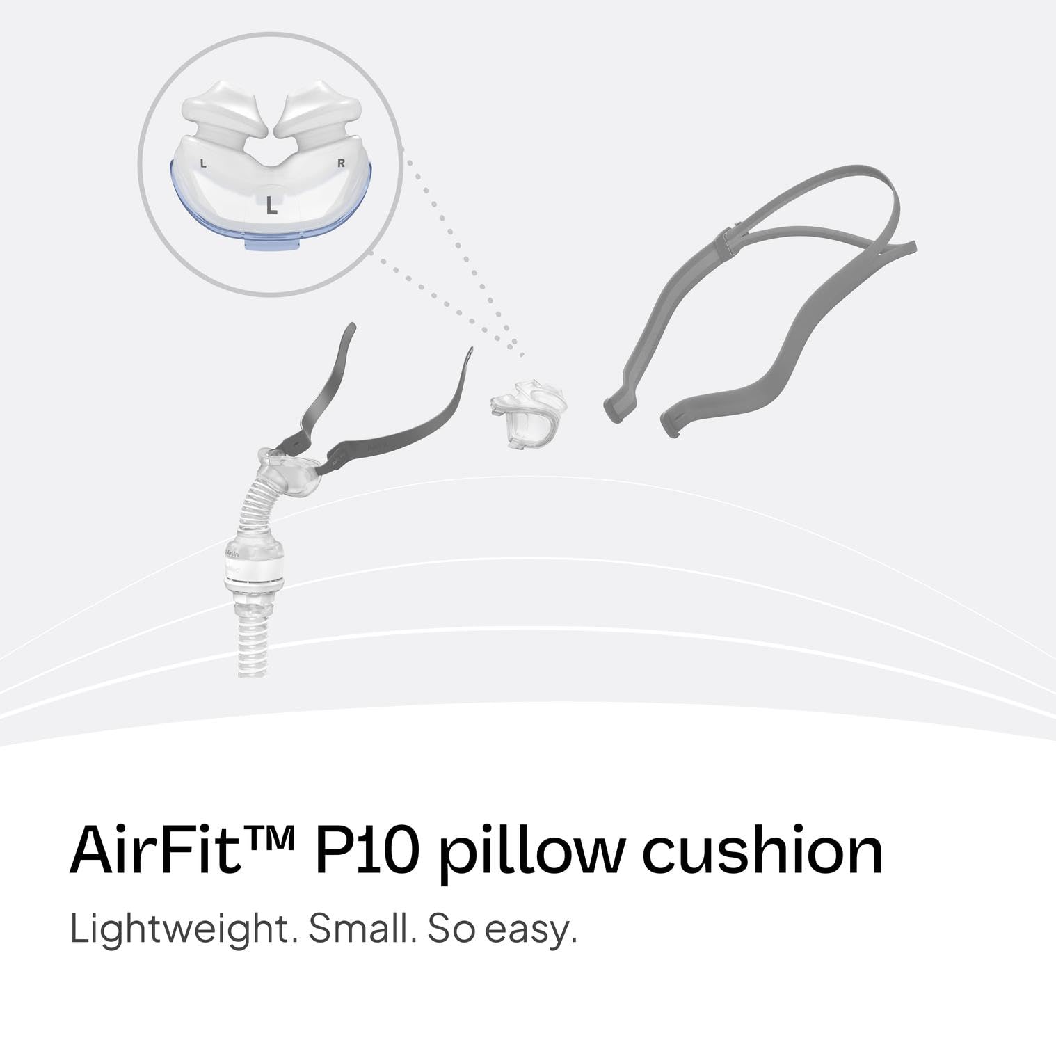 ResMed AirFit P10 almohadilla nasal vista lateral, seguridad y estabilidad en el sueño