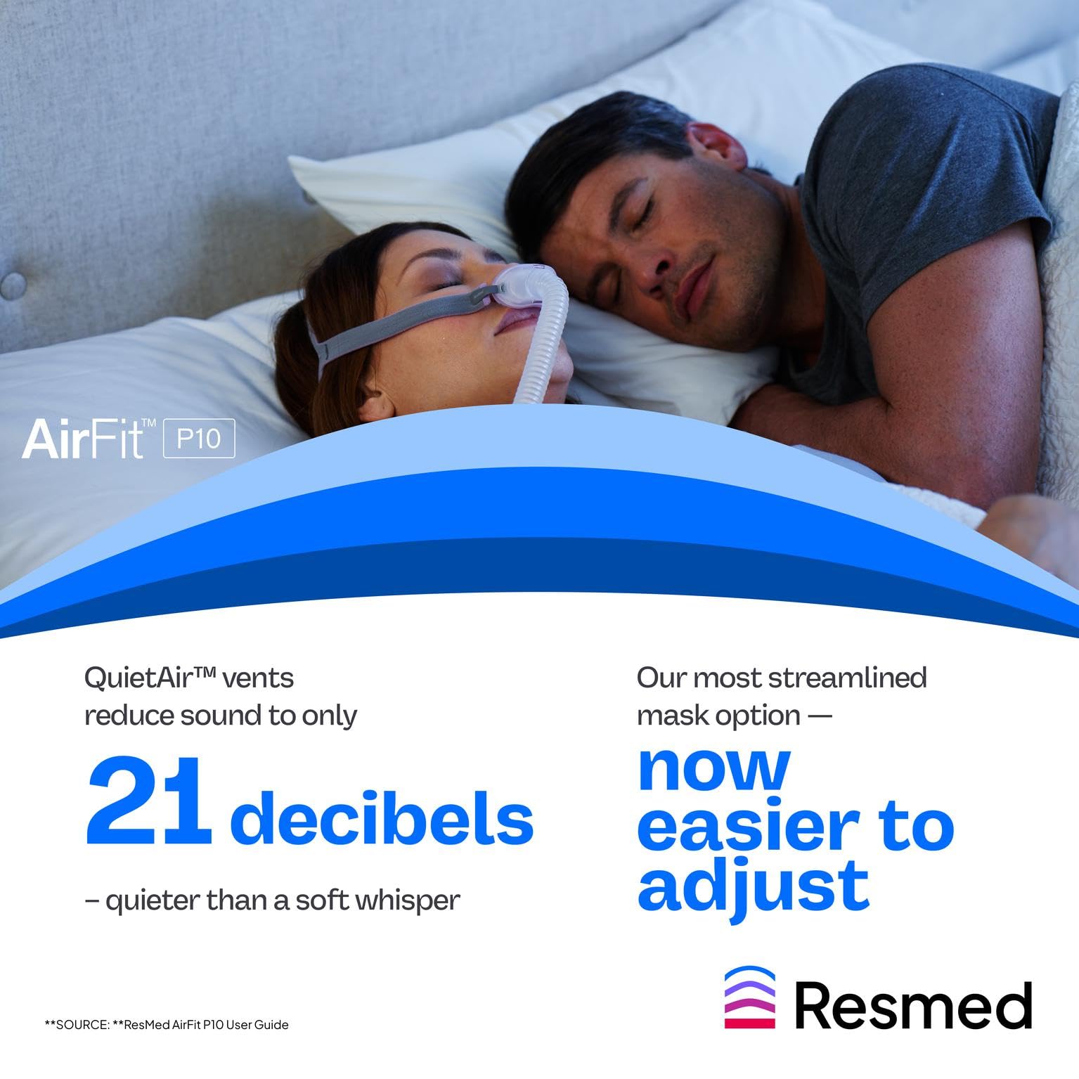 ResMed AirFit P10 recambio fácil de instalar para noches sin interrupciones.