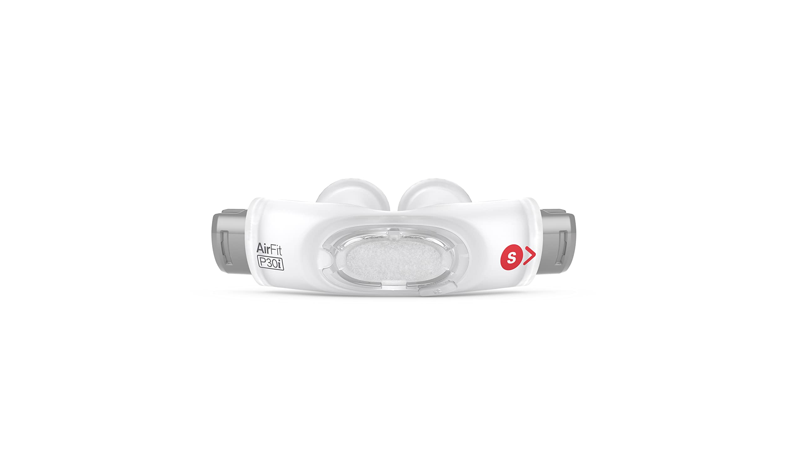 ResMed AirFit P30i, almohadilla nasal vista superior, ajuste estable para dormir de lado.