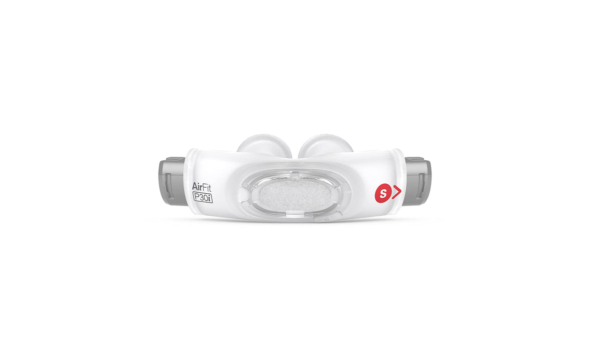 ResMed AirFit P30i, almohadilla nasal vista superior, ajuste estable para dormir de lado.
