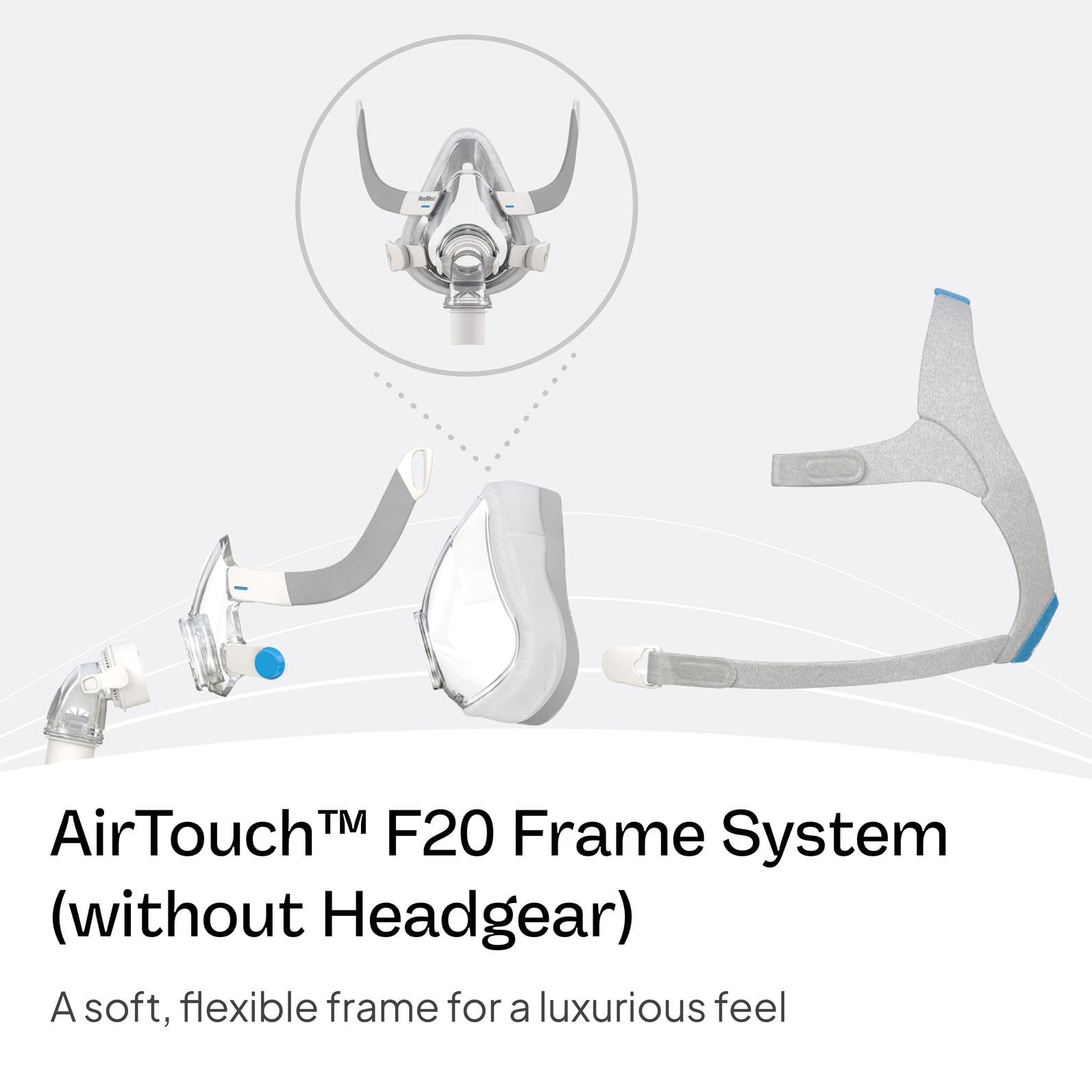 Detalle del armazón AirTouch F20 de ResMed, construido para durabilidad.