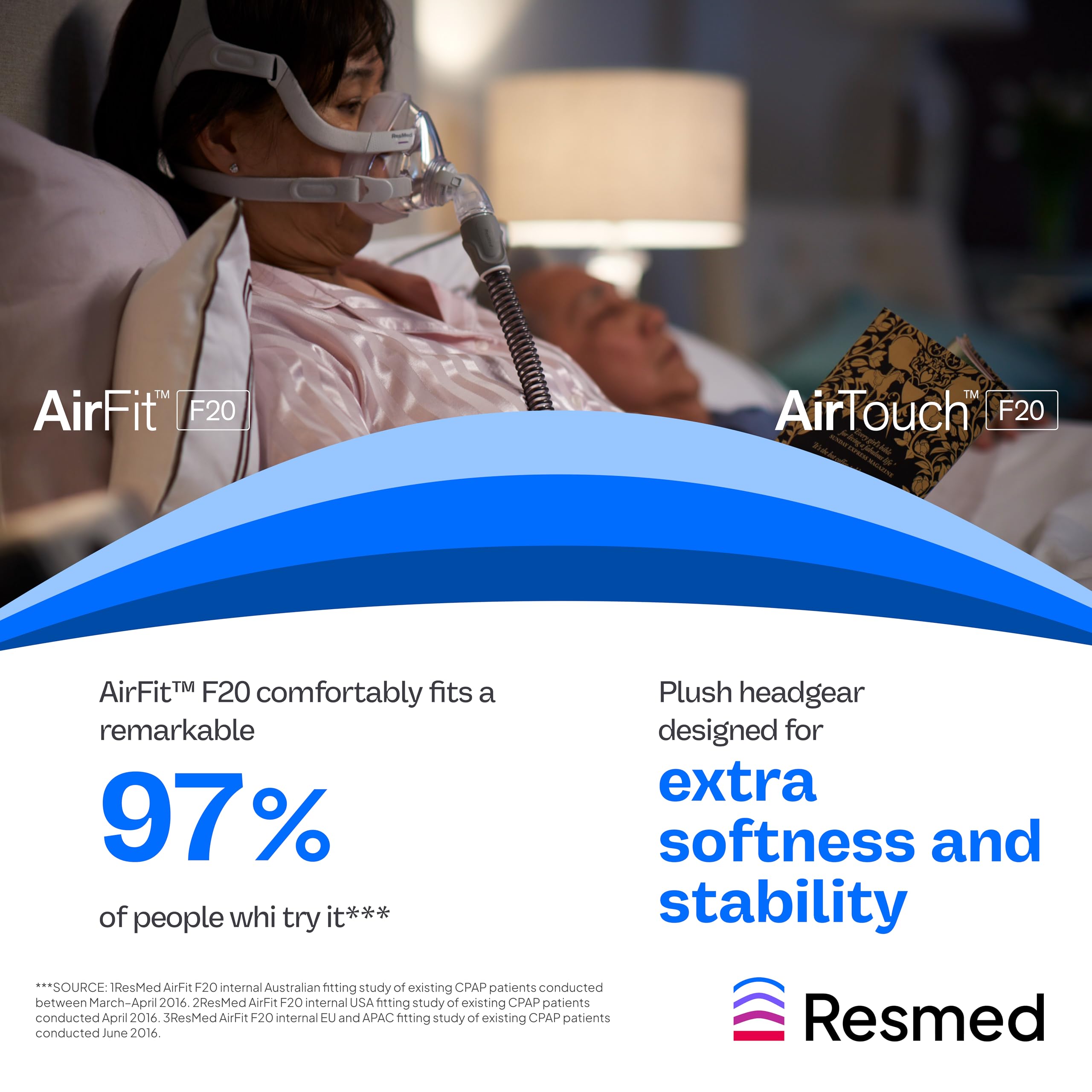 ResMed: compatible con AirFit F20 y AirTouch F20 para flexibilidad.