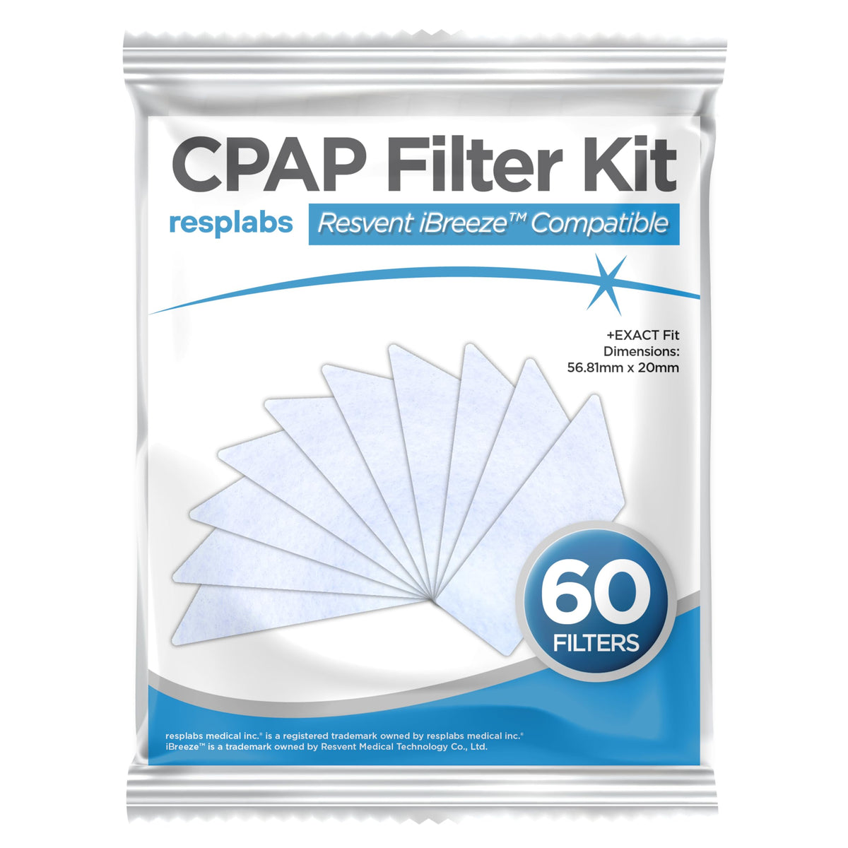 RespLabs CPAP Resvent iBreeze: filtros desechables, 60 unidades, suministro prolongado para uso regular