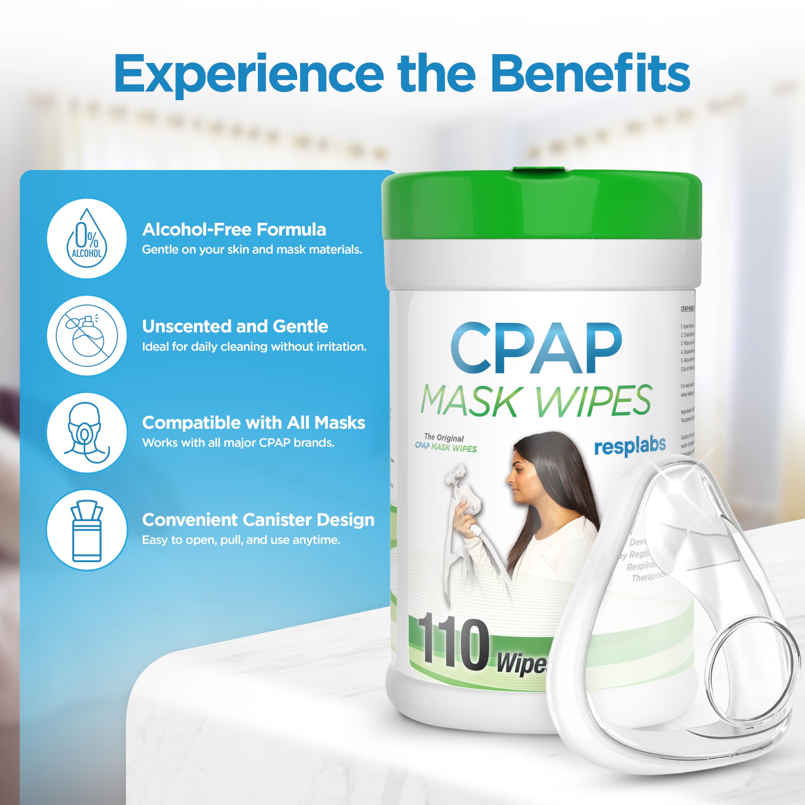 RespLabs CPAP: máscara facial, limpieza rápida con toallitas sin fragancia.