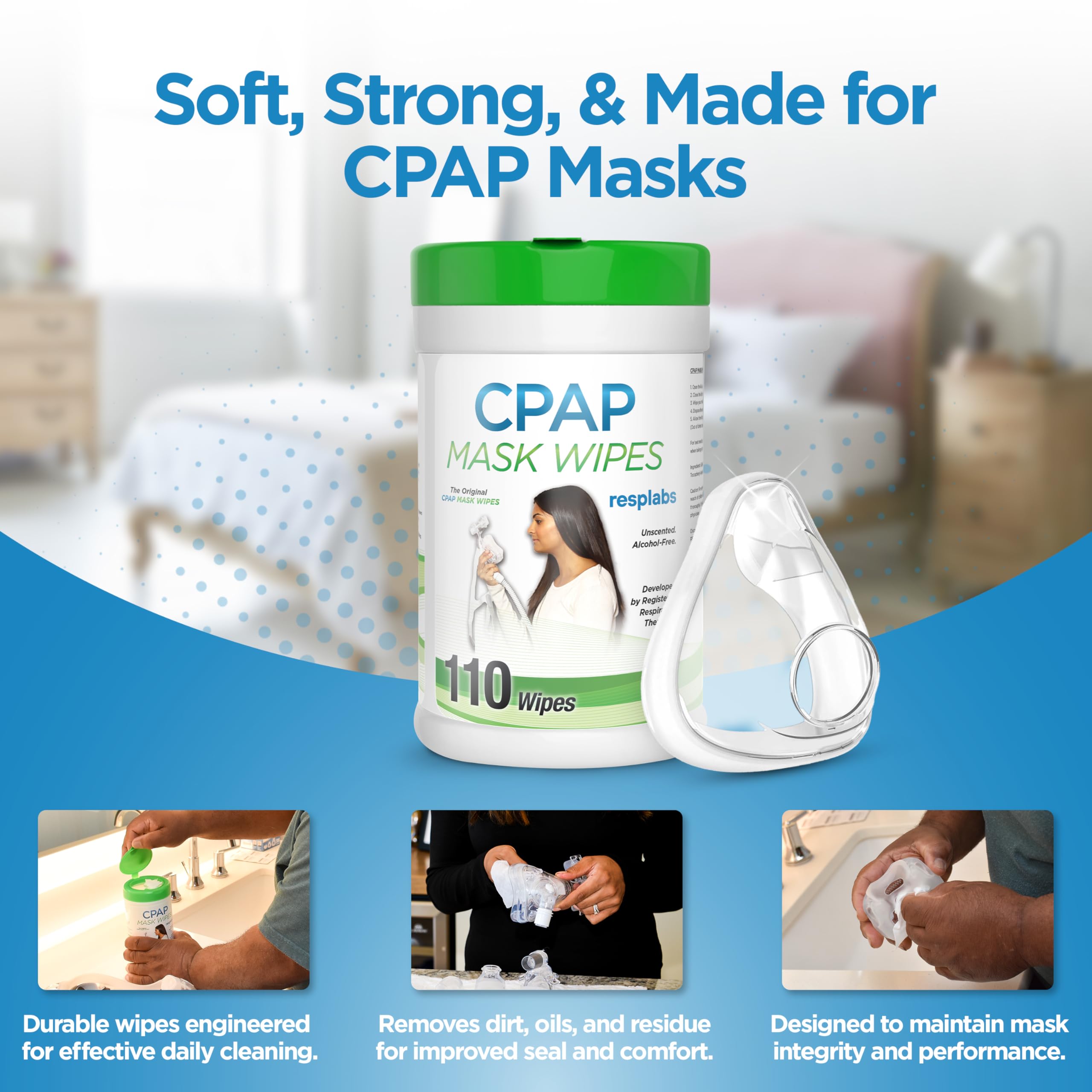 RespLabs CPAP wipes etiqueta sin fragancia, ideal para piel sensible