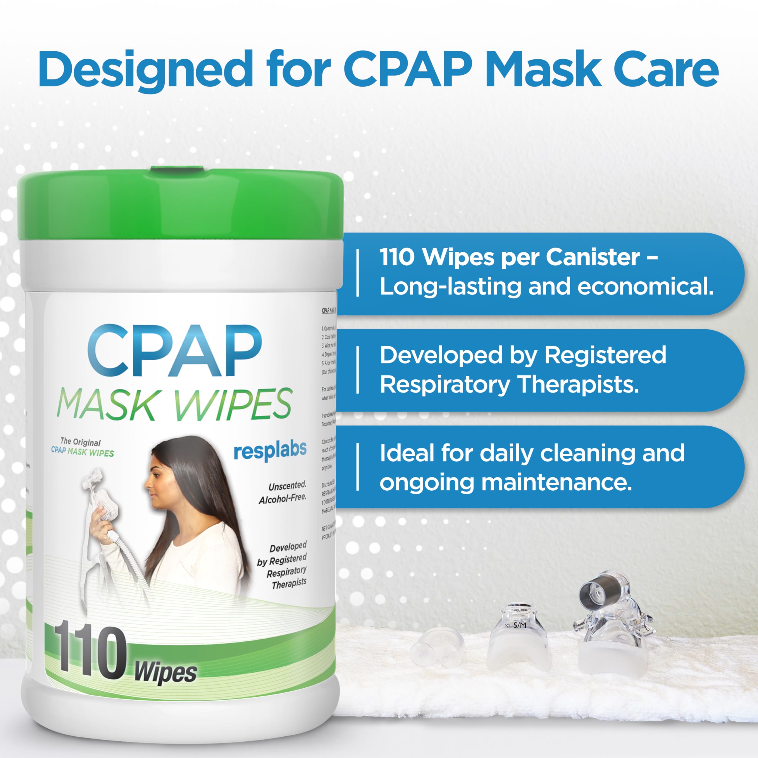 RespLabs CPAP wipes sección de secado y limpieza, sin residuos