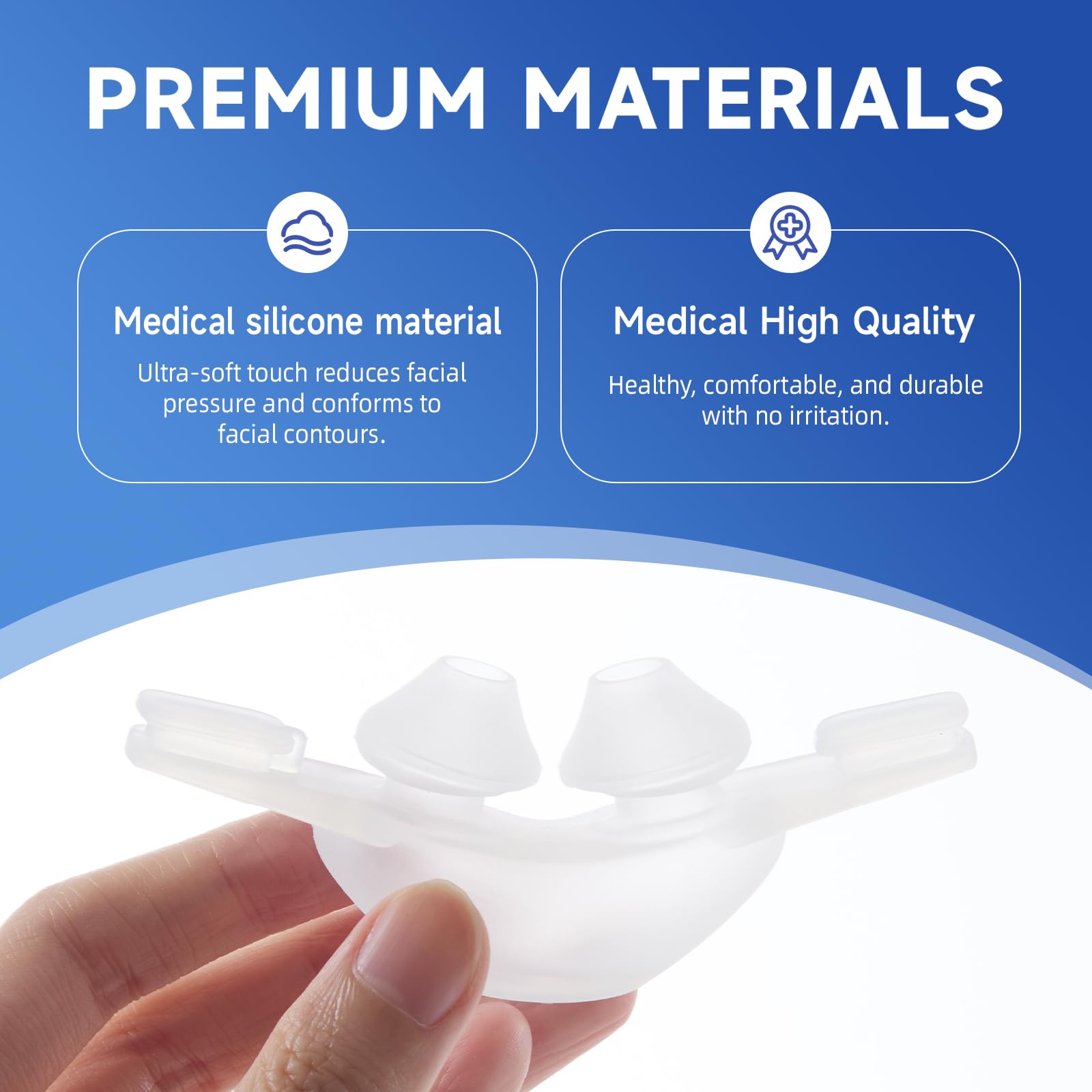 Material silicona durable RespWellness, fácil de limpiar tras lavado.