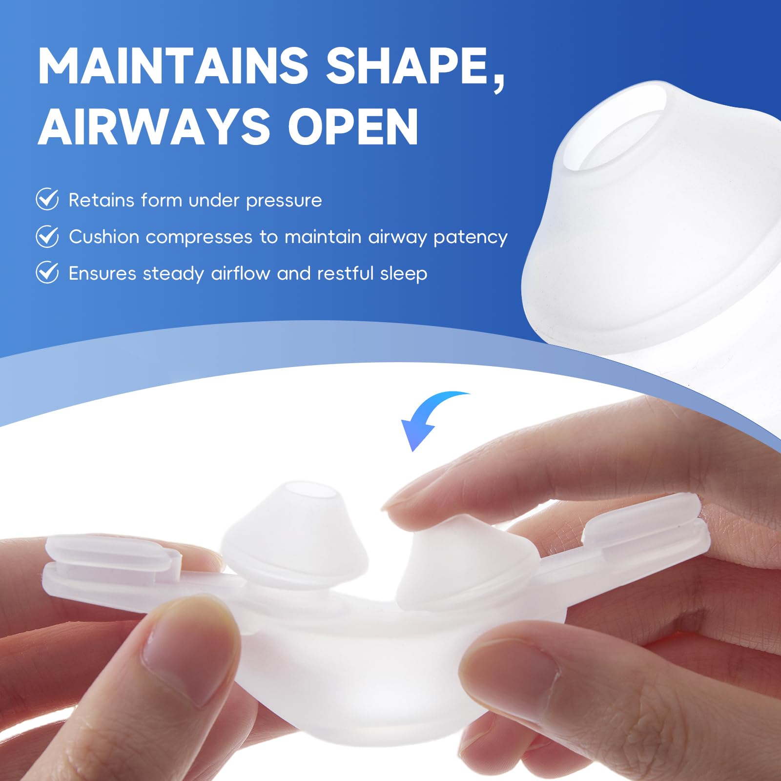 Cojin nasal ergonómico RespWellness se adapta a las narinas para comodidad.