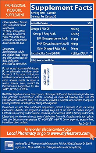 Restora Omega-3 Probiótico, cápsulas, combinación para la salud general.