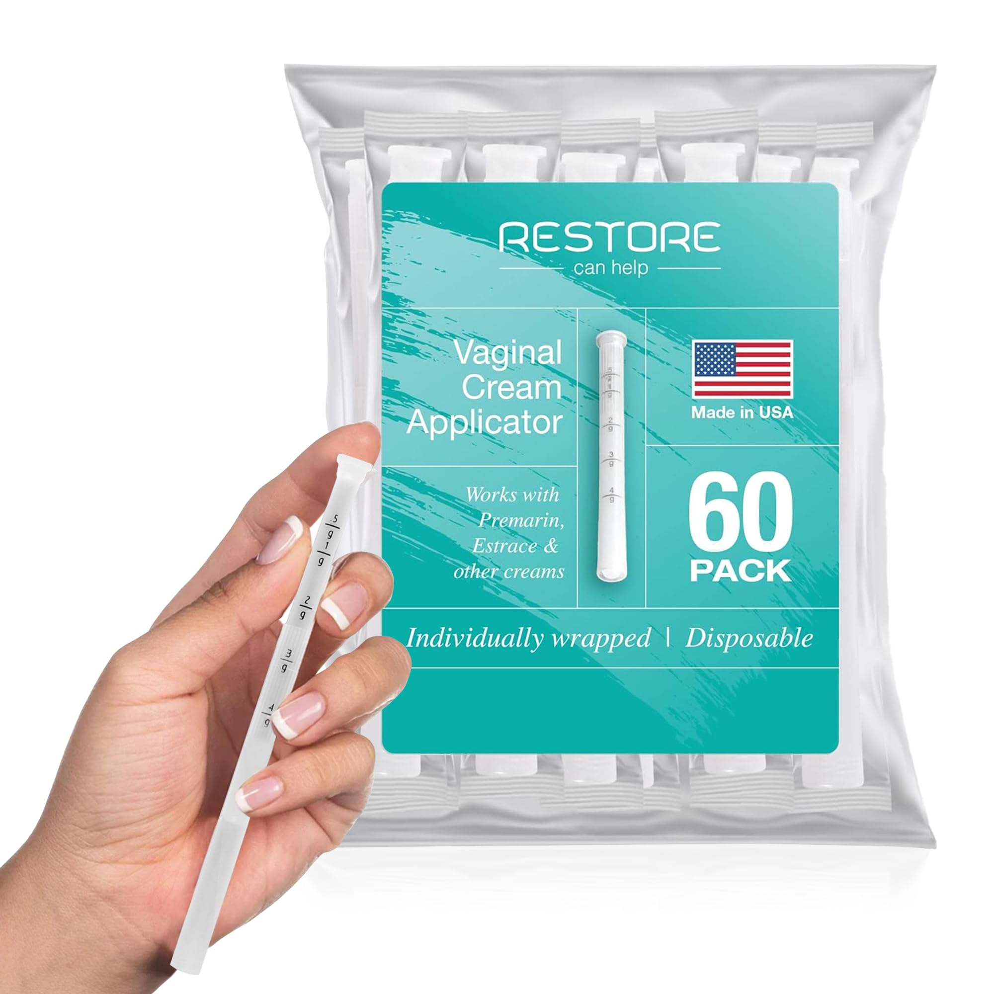 Restore Can Help: aplicador vaginal desechable sin BPA para dosificación controlada.