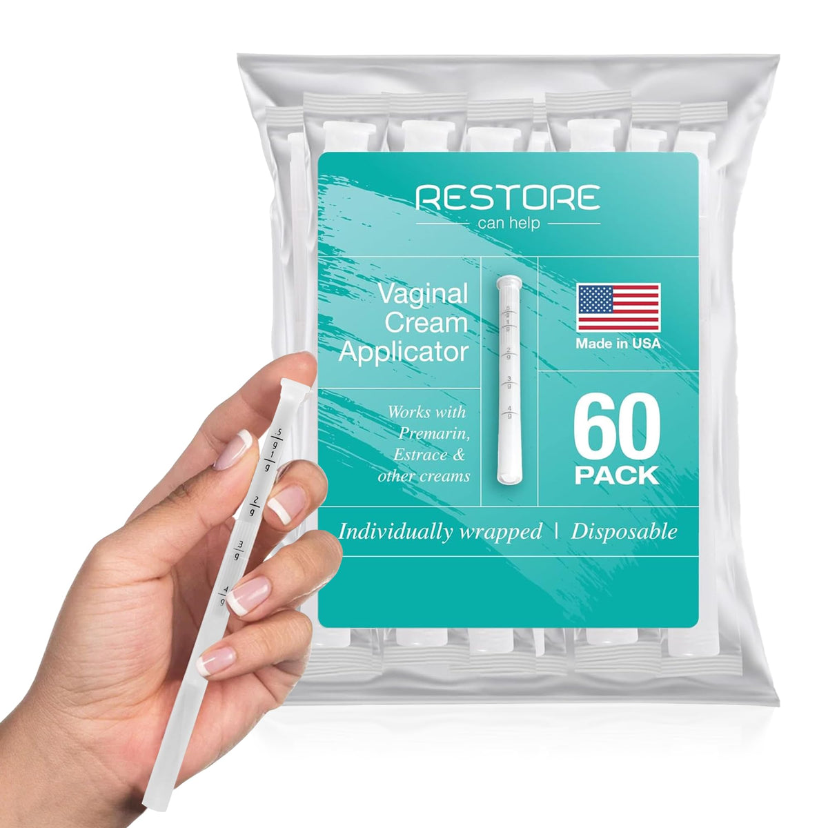 Restore Can Help: aplicador vaginal desechable sin BPA para dosificación controlada.