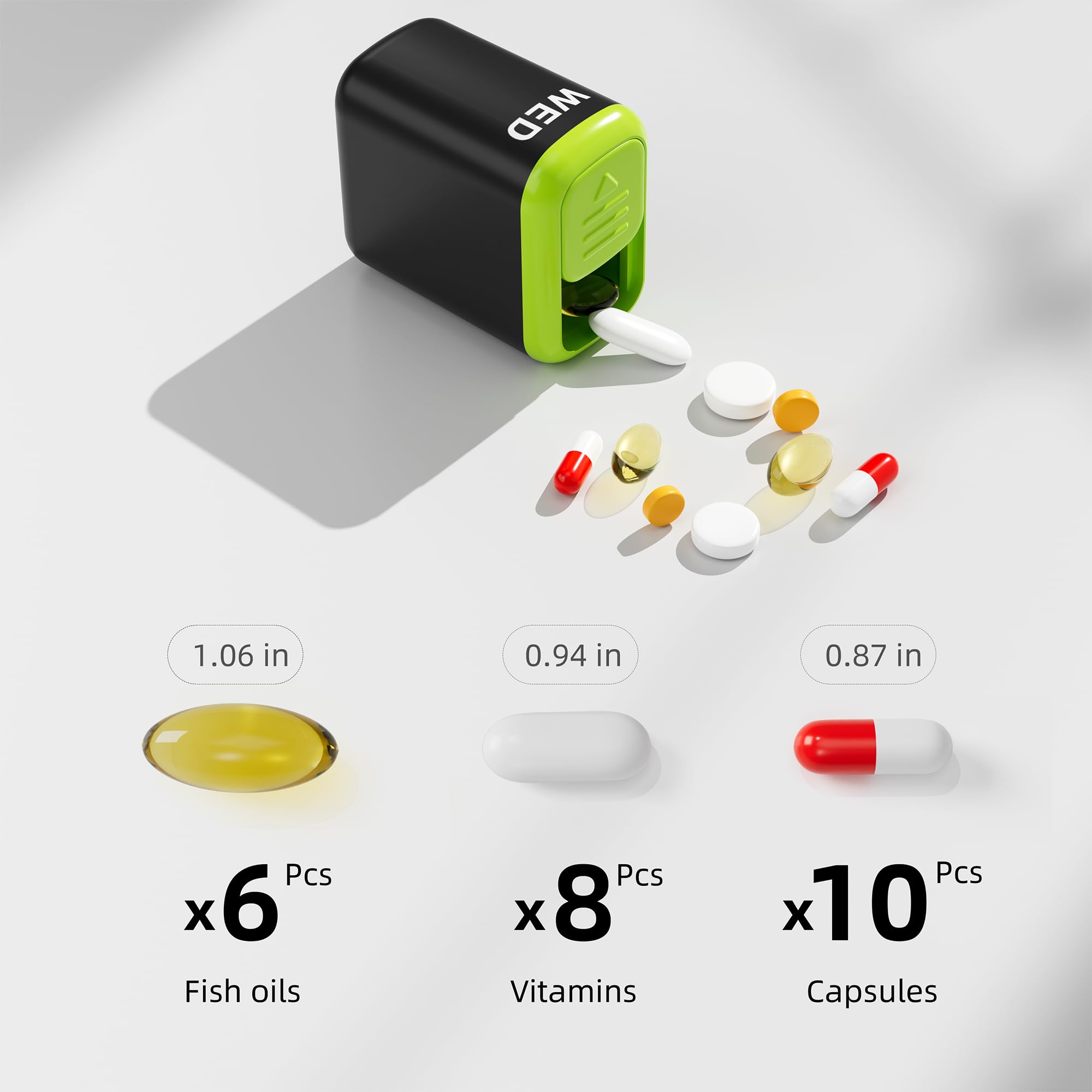 Restree grandes compartimentos caben vitaminas, suplementos y cápsulas.