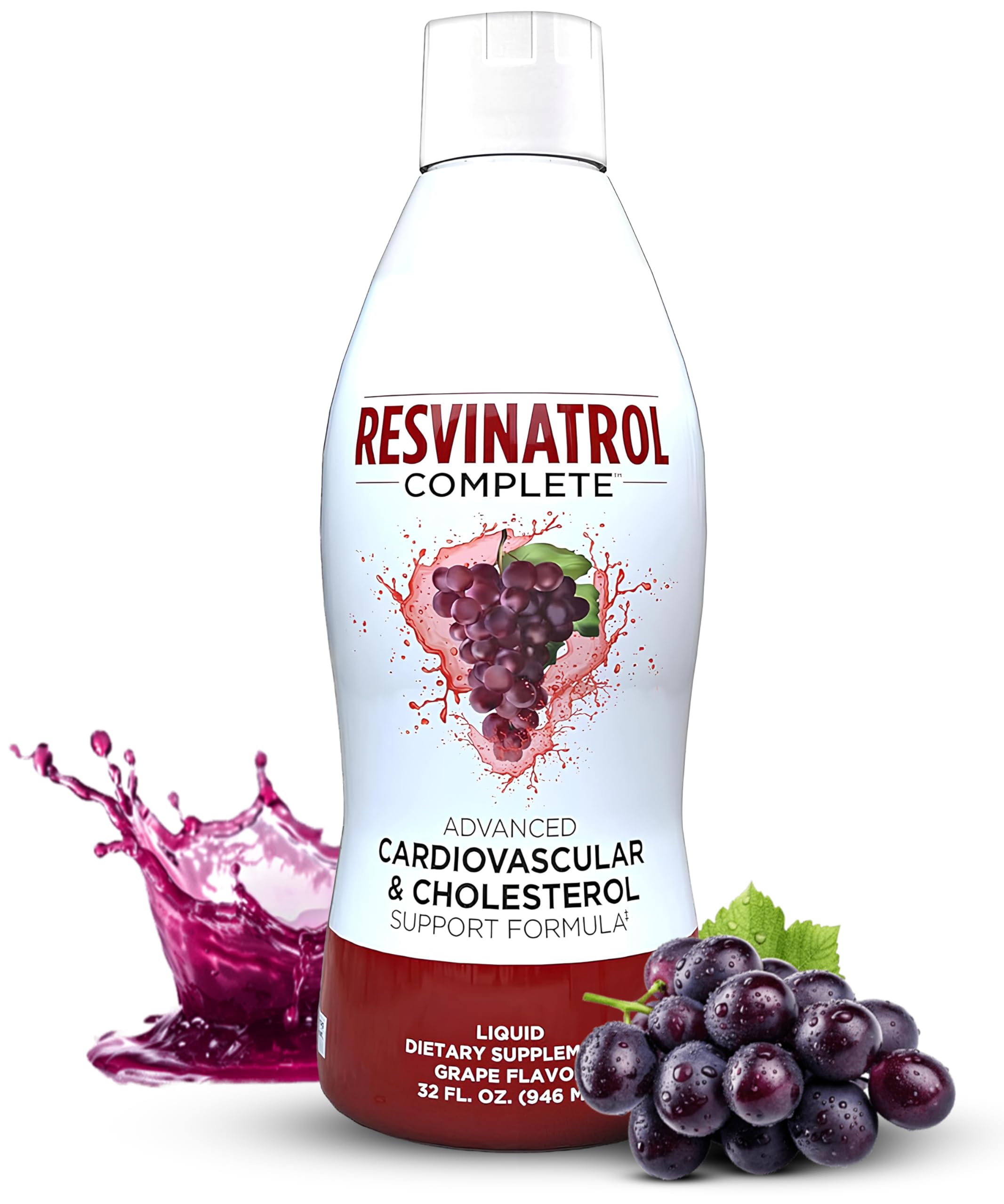 Resvinatrol Complete, botella con dosificador, posible apoyo a la salud cardiovascular.