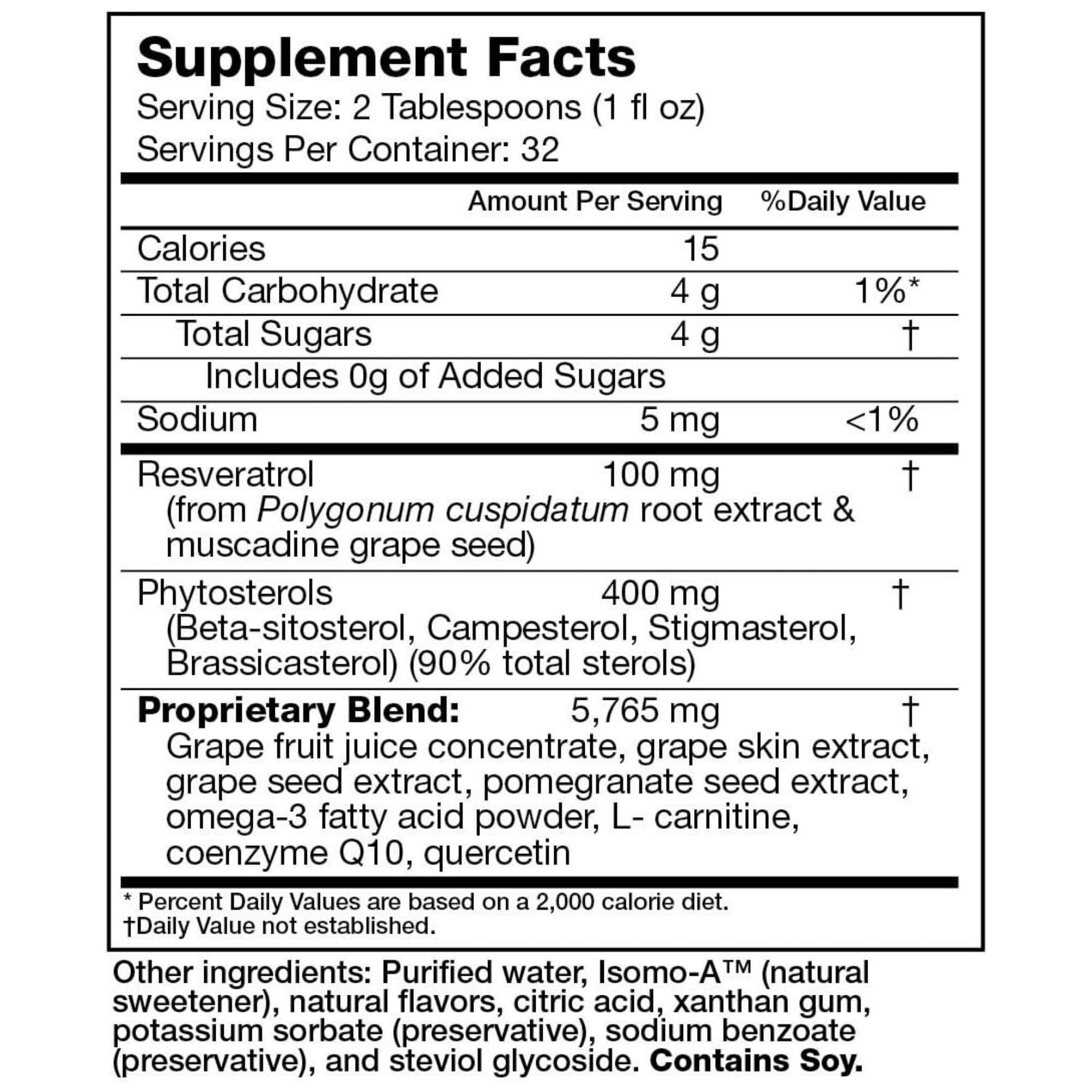 Etiqueta de Resvinatrol Complete mostrando resveratrol y fitoesteroles para el corazón.