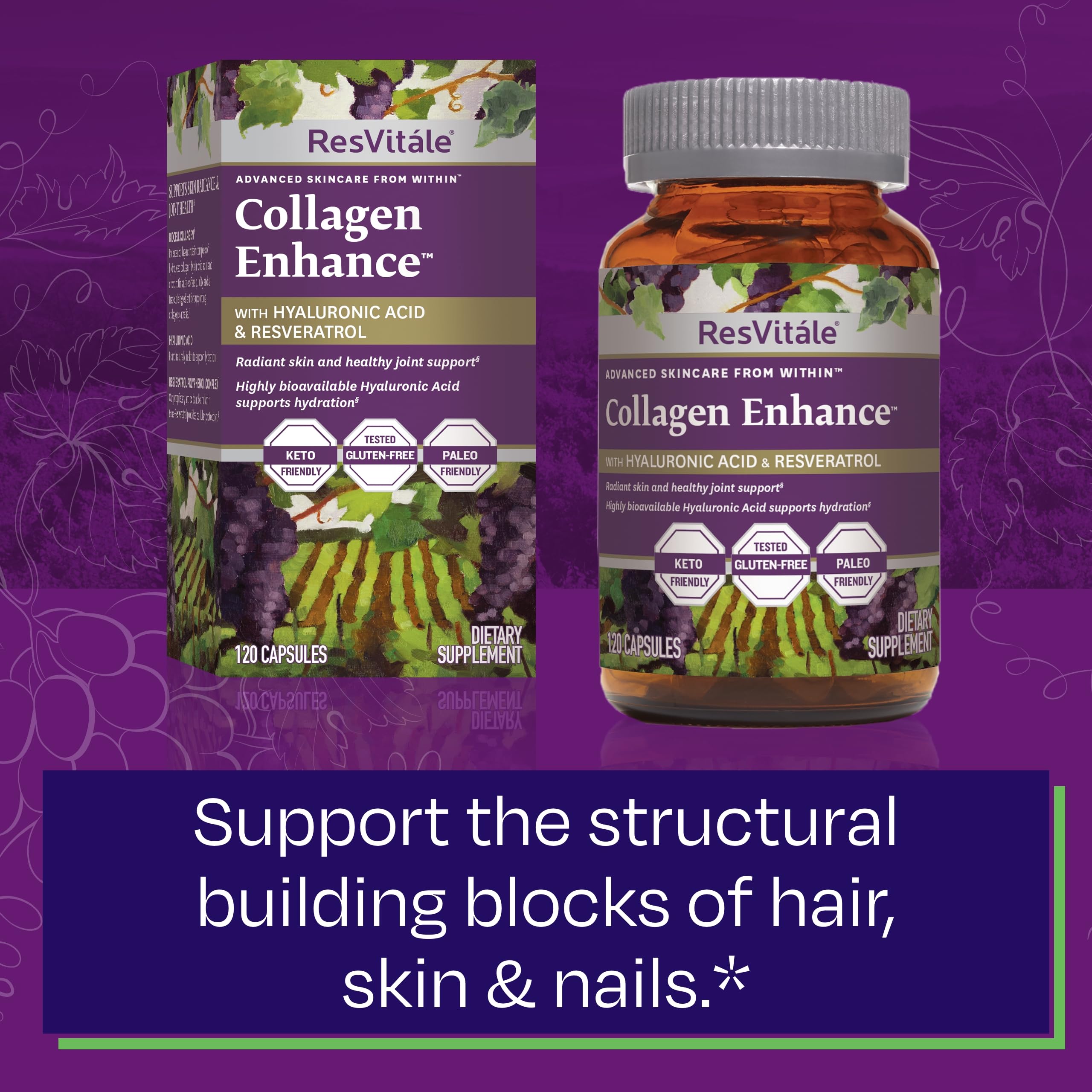 ResVitále Collagen Enhance: ingredientes clave ácido hialurónico para hidratación de la piel.