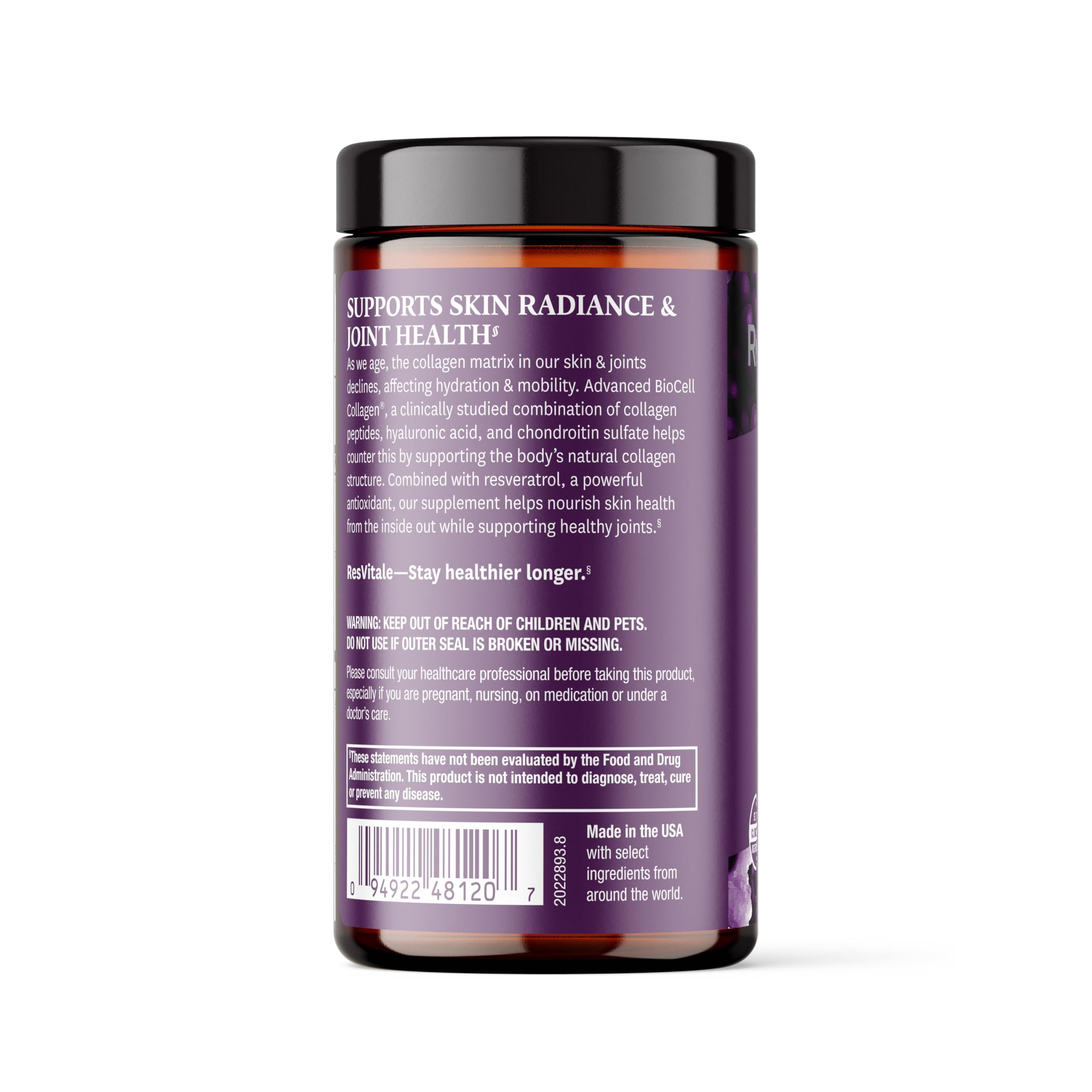 Detalle de cápsula de ResVitále Collagen Enhance, foco en textura suave.