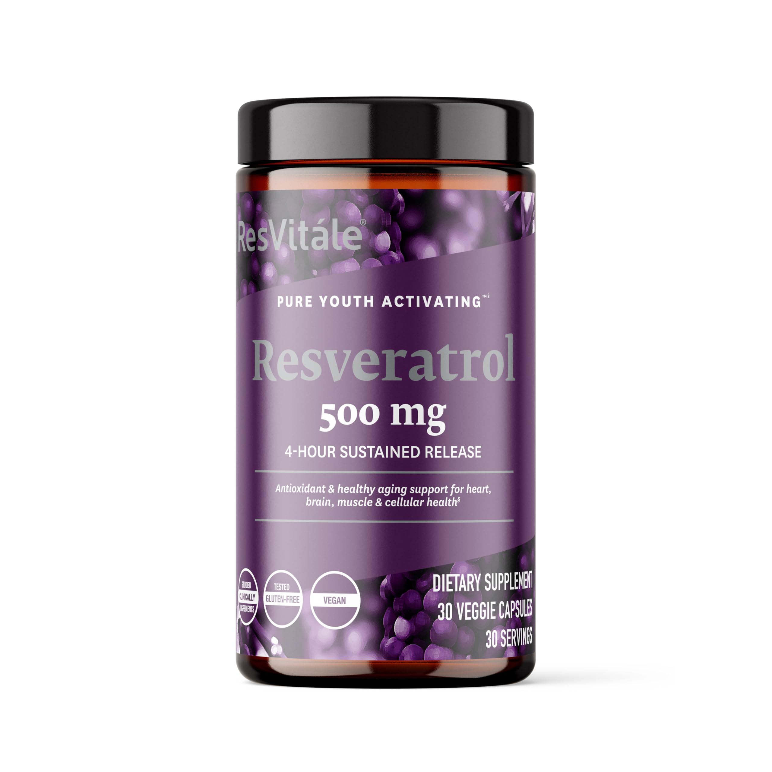 ResVitále Resveratrol 500 mg, botella frontal, apoyo a la vitalidad diaria.
