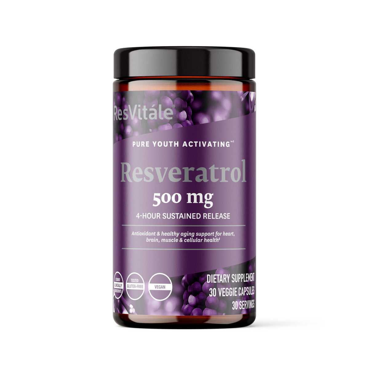 ResVitále Resveratrol 500 mg, botella frontal, apoyo a la vitalidad diaria.