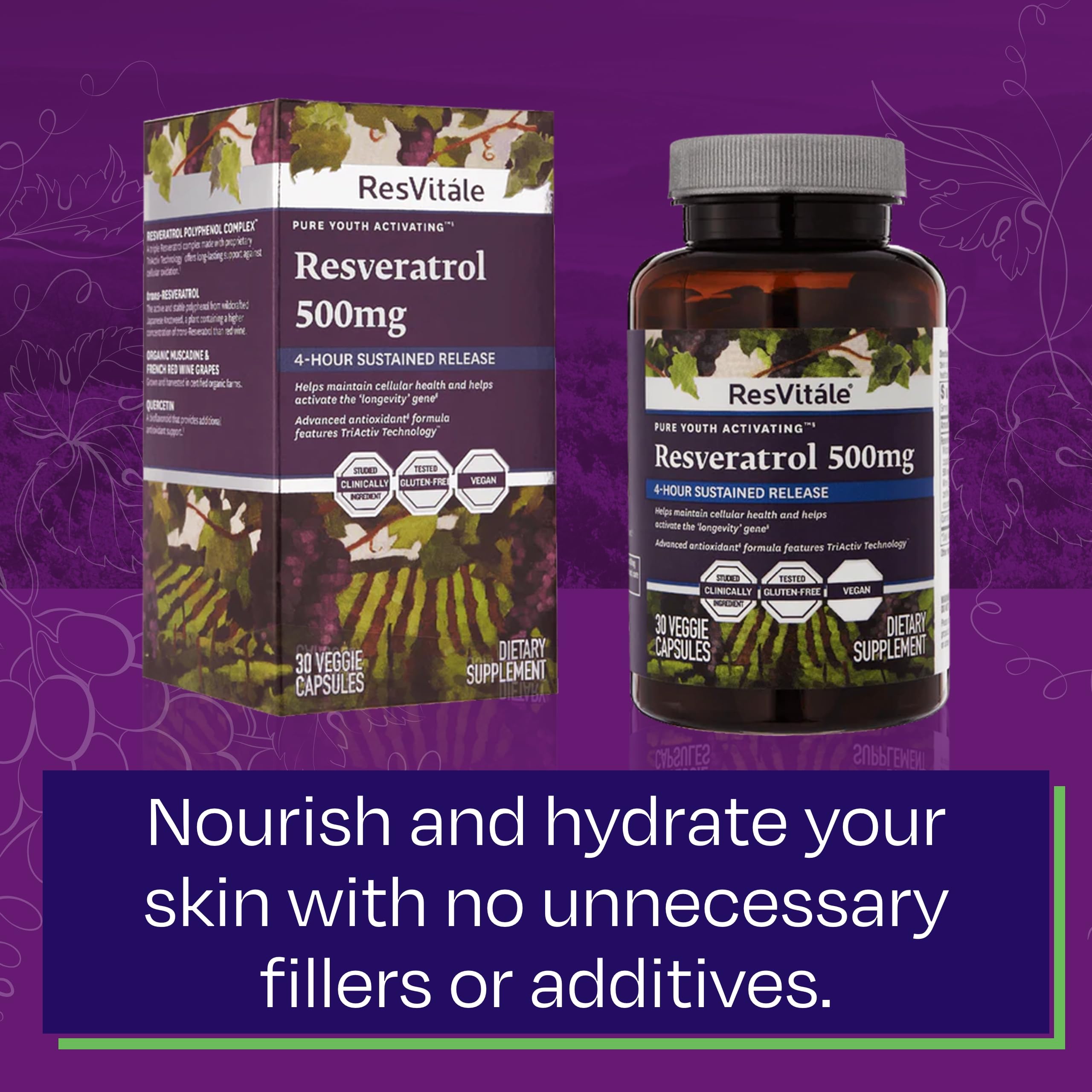 ResVitále Resveratrol 500 mg, primeros planos de cápsulas, formato vegetariano.