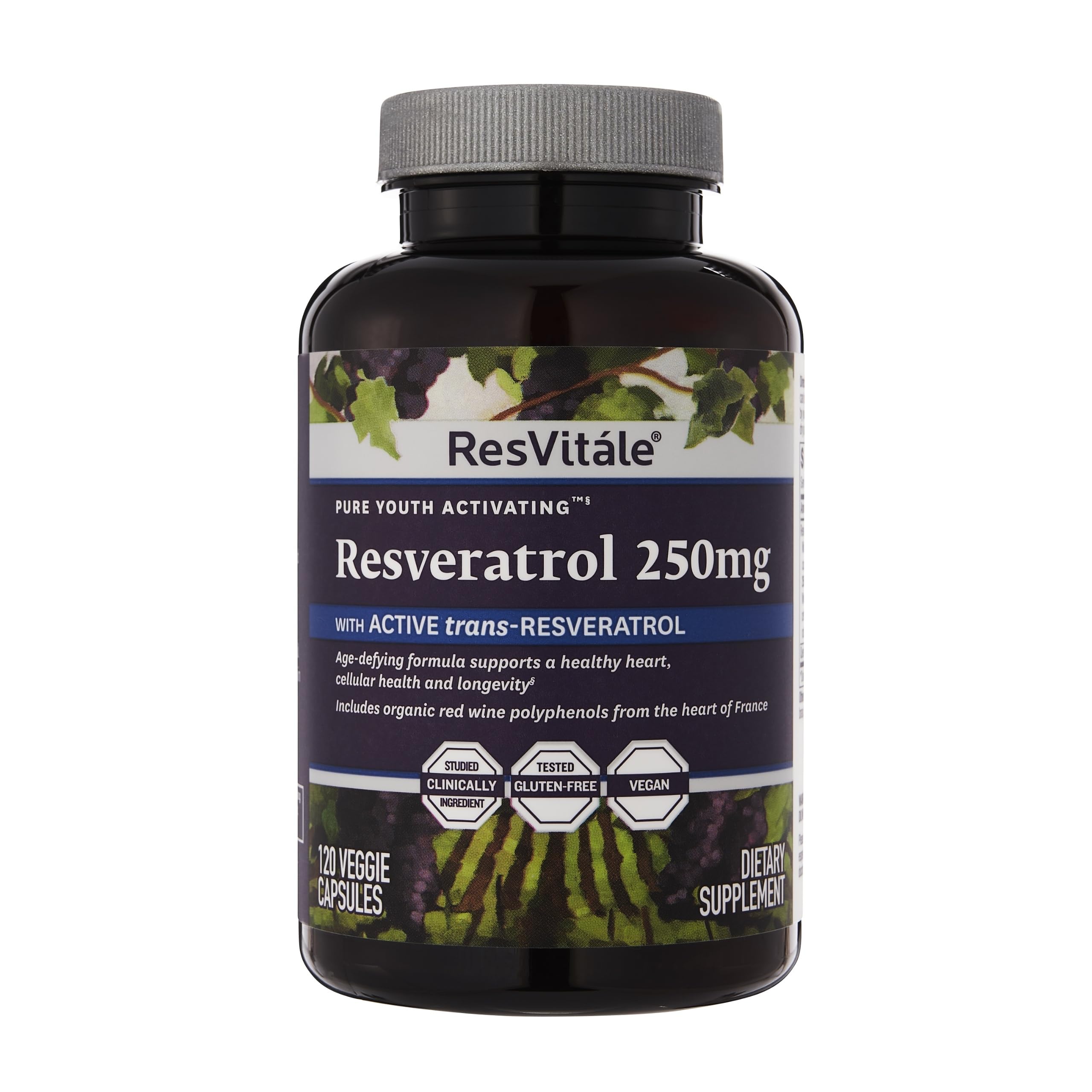 Botella de ResVitále Resveratrol vista frontal para una rutina diaria de bienestar.
