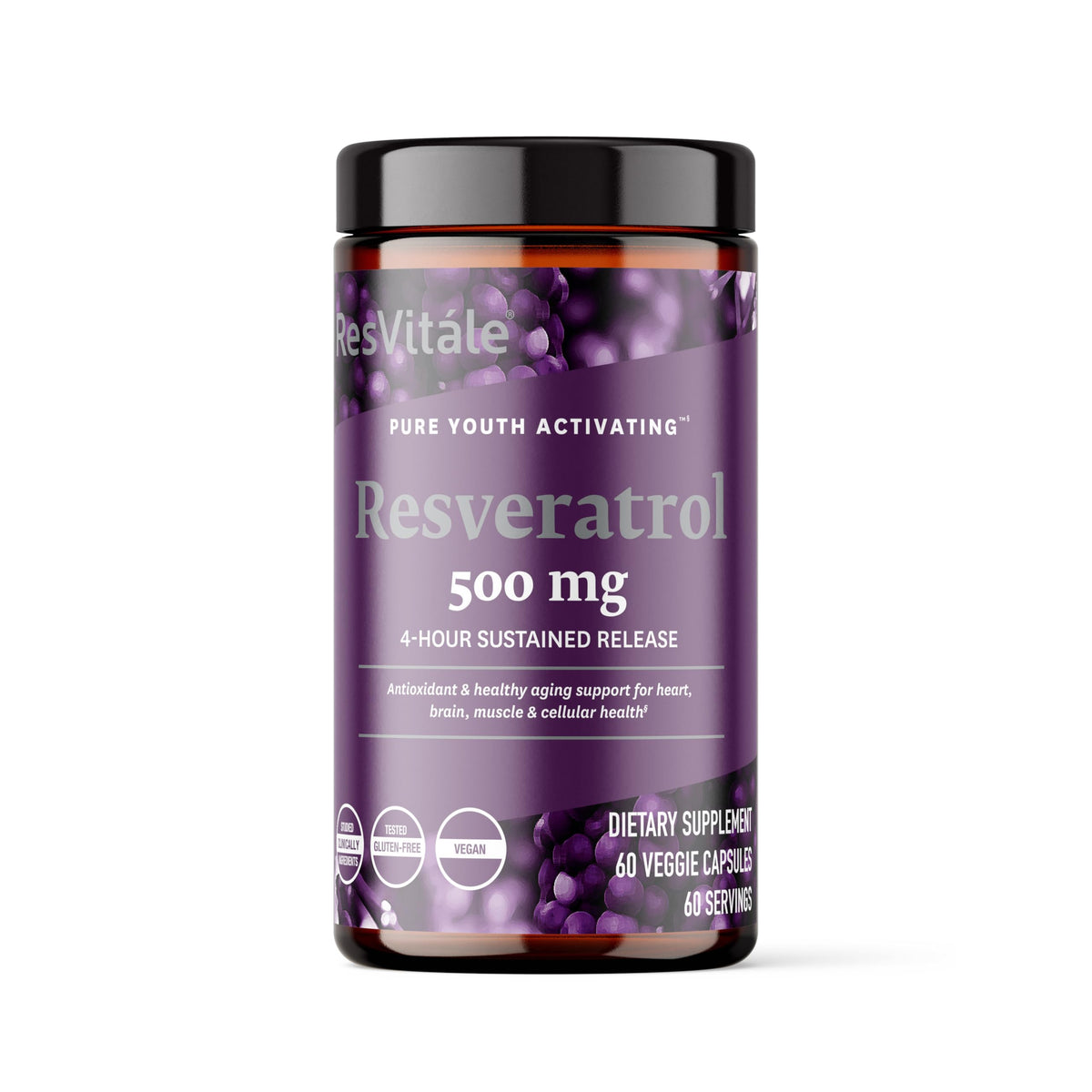 Botella de ResVitále Resveratrol 500 mg para uso diario