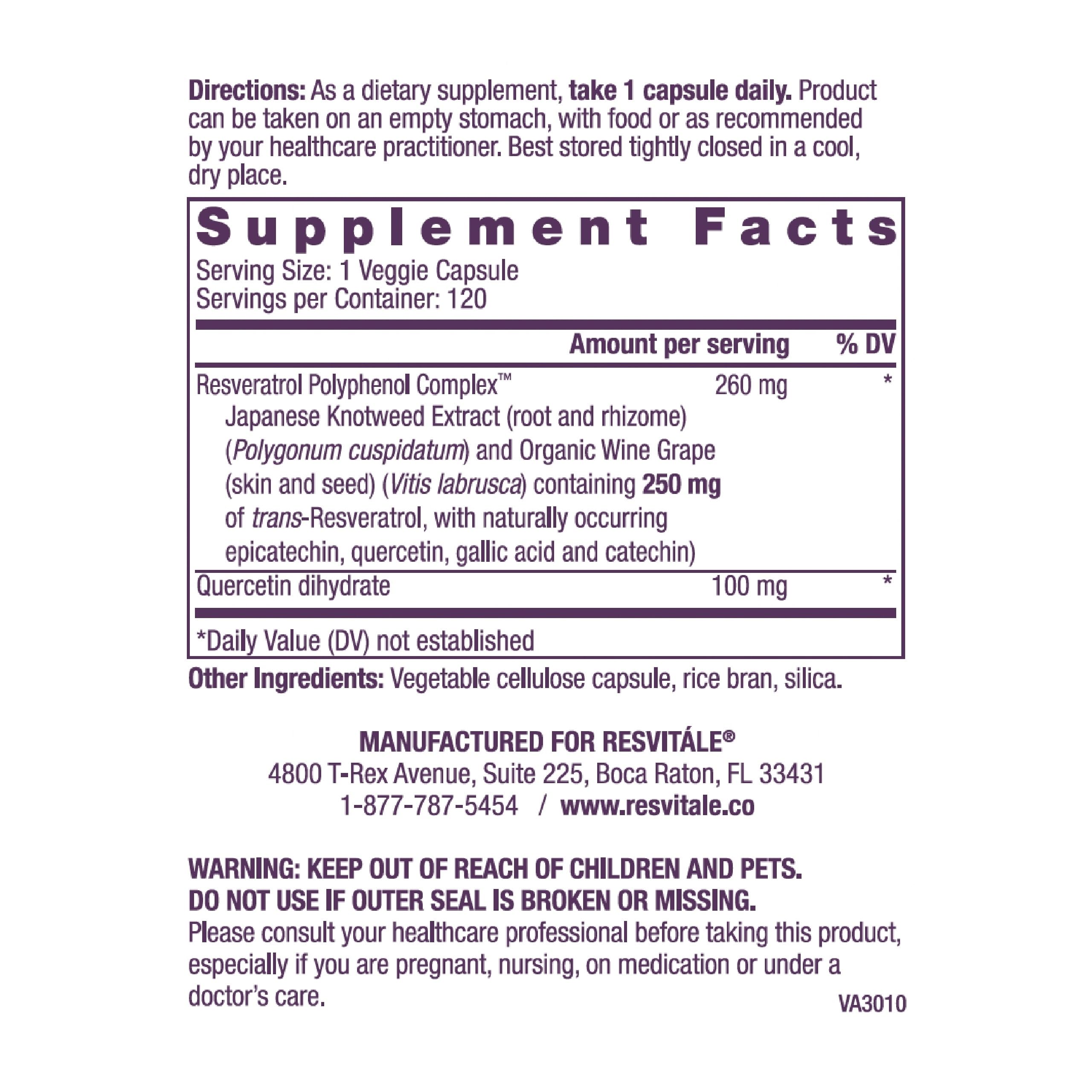 Etiqueta clara de ResVitále Resveratrol con información del producto.