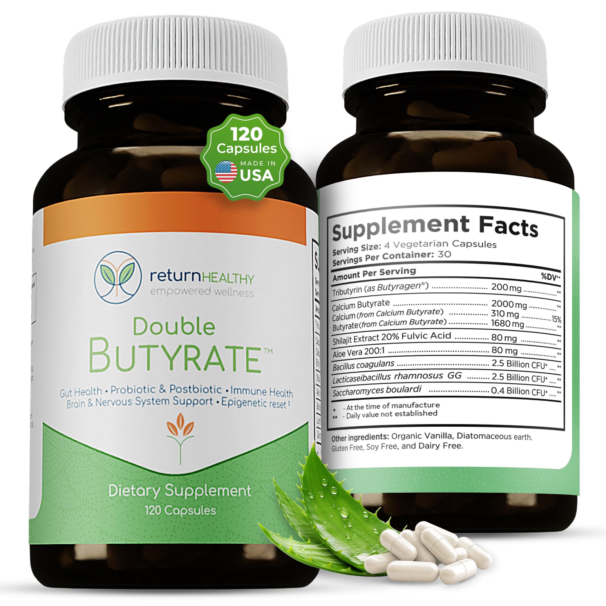 Return Healthy Doble Butirato, botella con cápsulas, apoyo potencial para salud intestinal.
