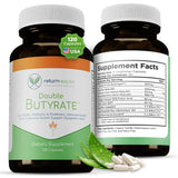 Return Healthy Doble Butirato, botella con cápsulas, apoyo potencial para salud intestinal.