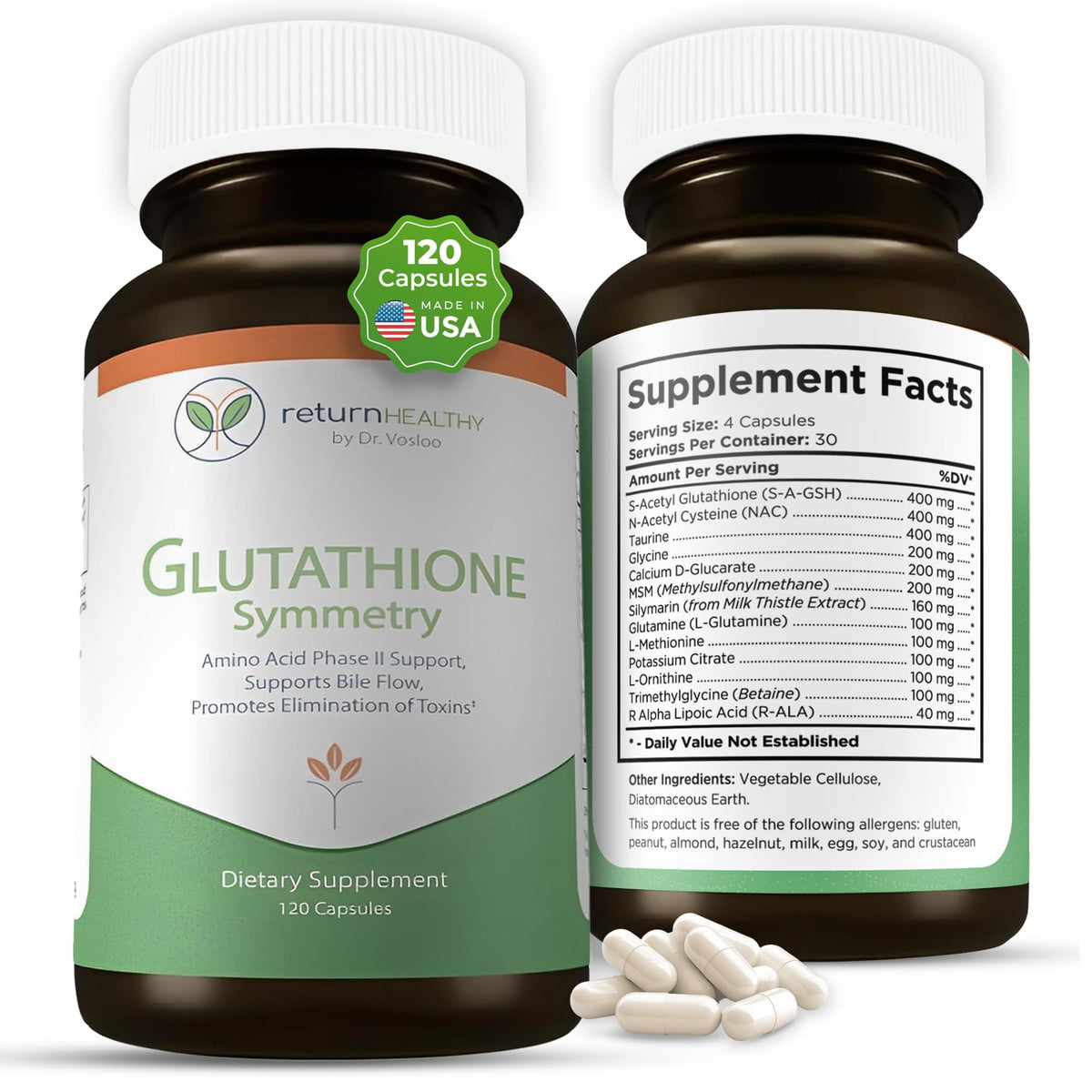 Return Healthy Glutathione Symmetry: botella de cápsulas para apoyo celular diario.