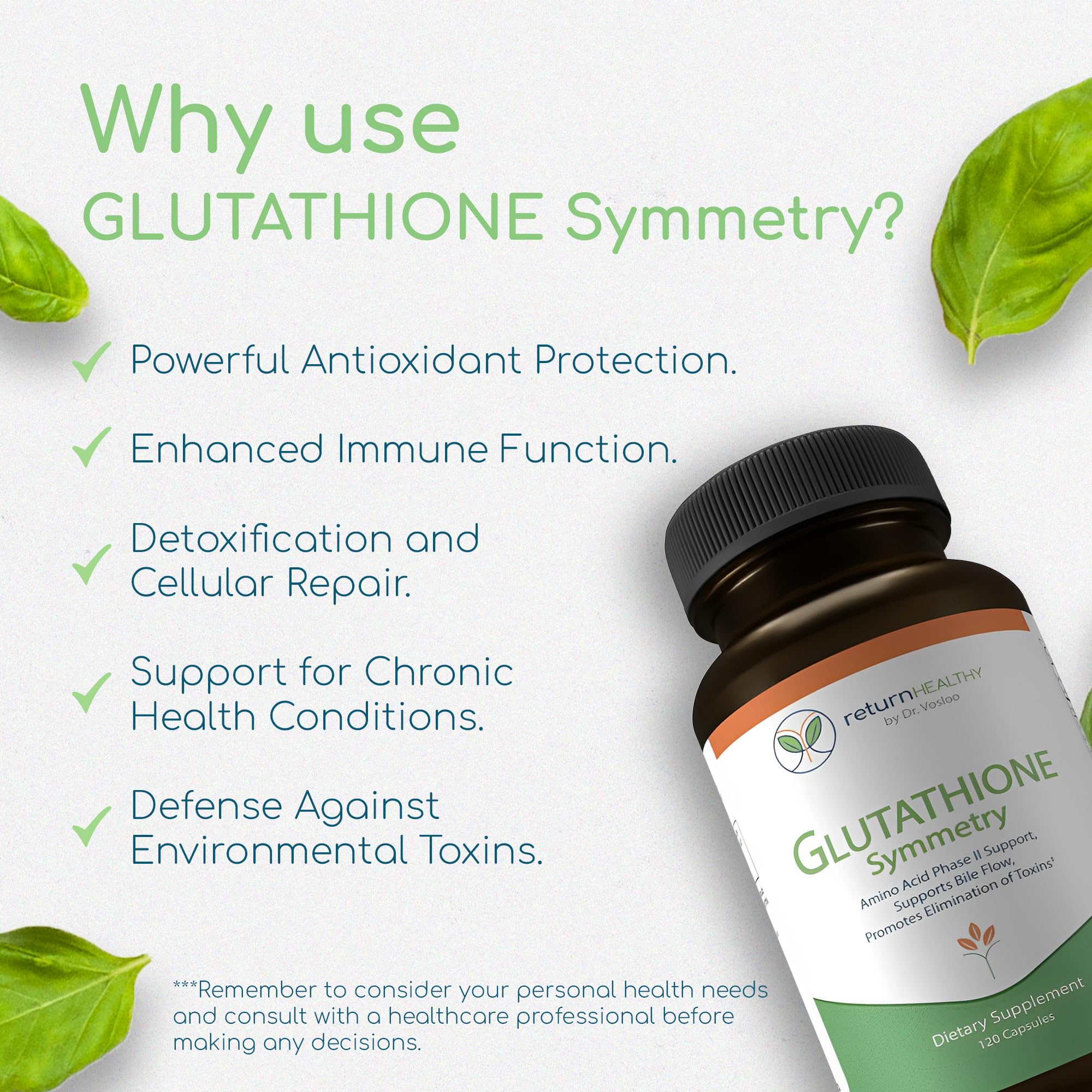 Return Healthy Glutathione Symmetry: cápsulas sobre mesa listas para la rutina.