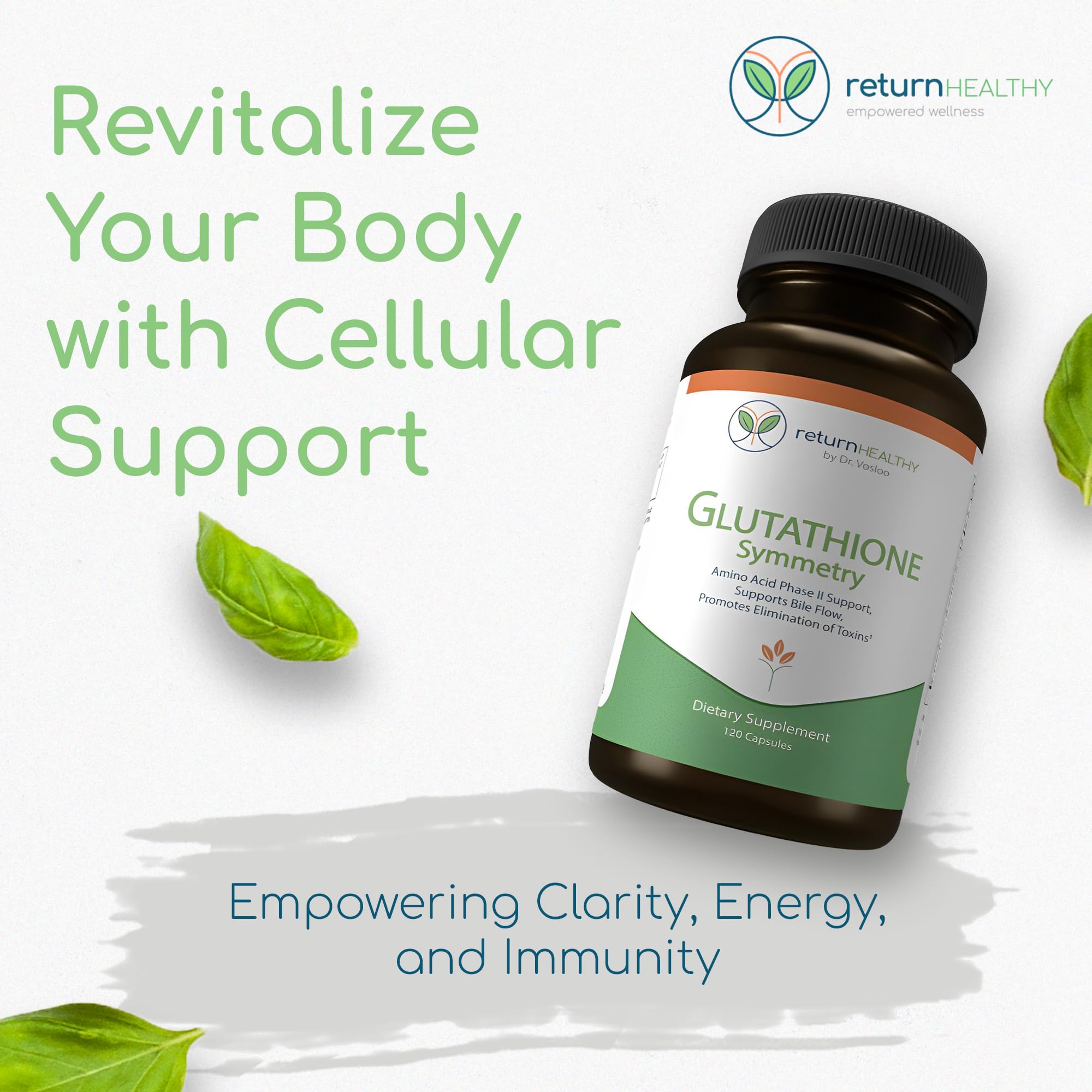 Return Healthy Glutathione Symmetry: etiqueta clara para desintoxicación suave.