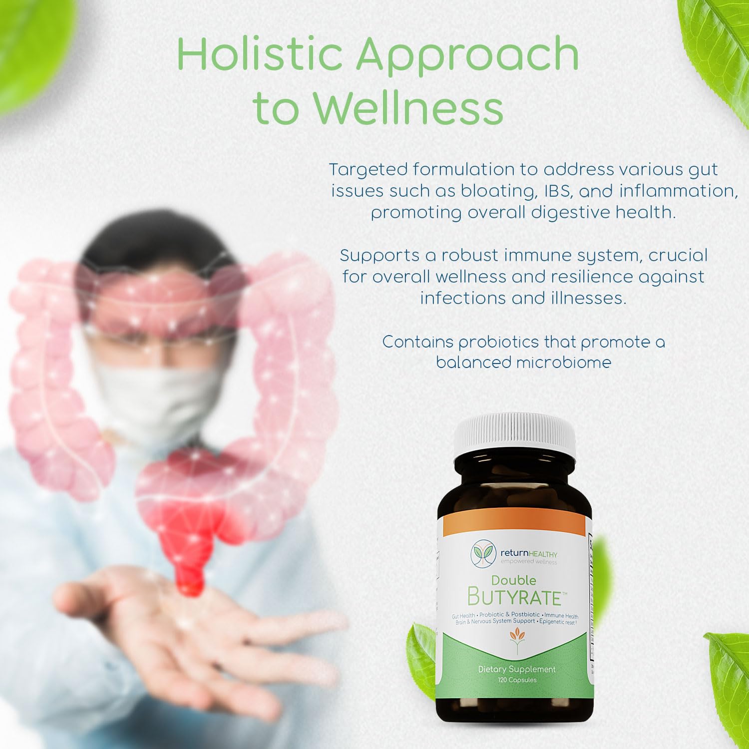 Return Healthy, ingredientes naturales y veganos para apoyo digestivo.