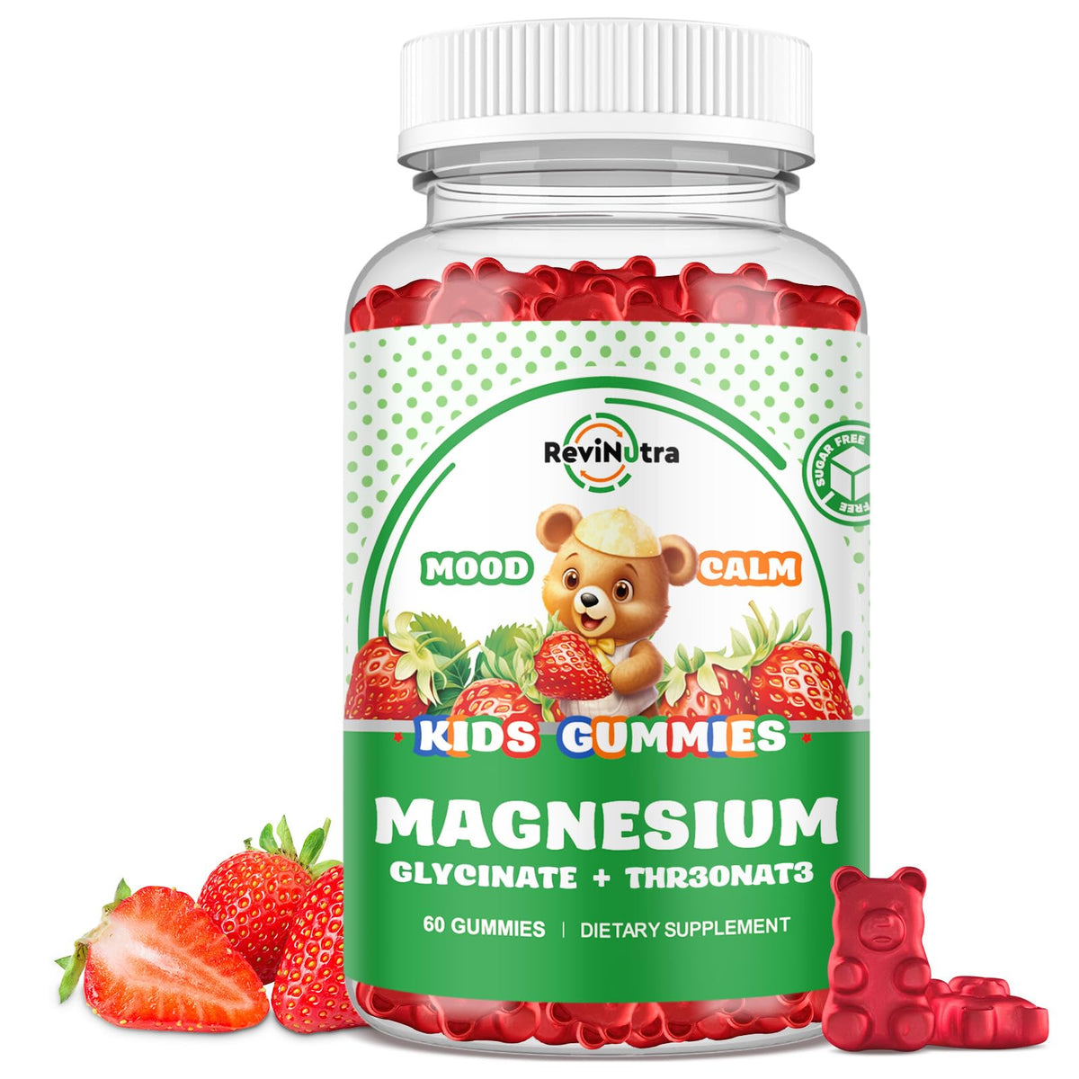 ReviNutra Magnesium Complex Gummies, botella vertiendo, apoyo diario suave para niños y adultos.