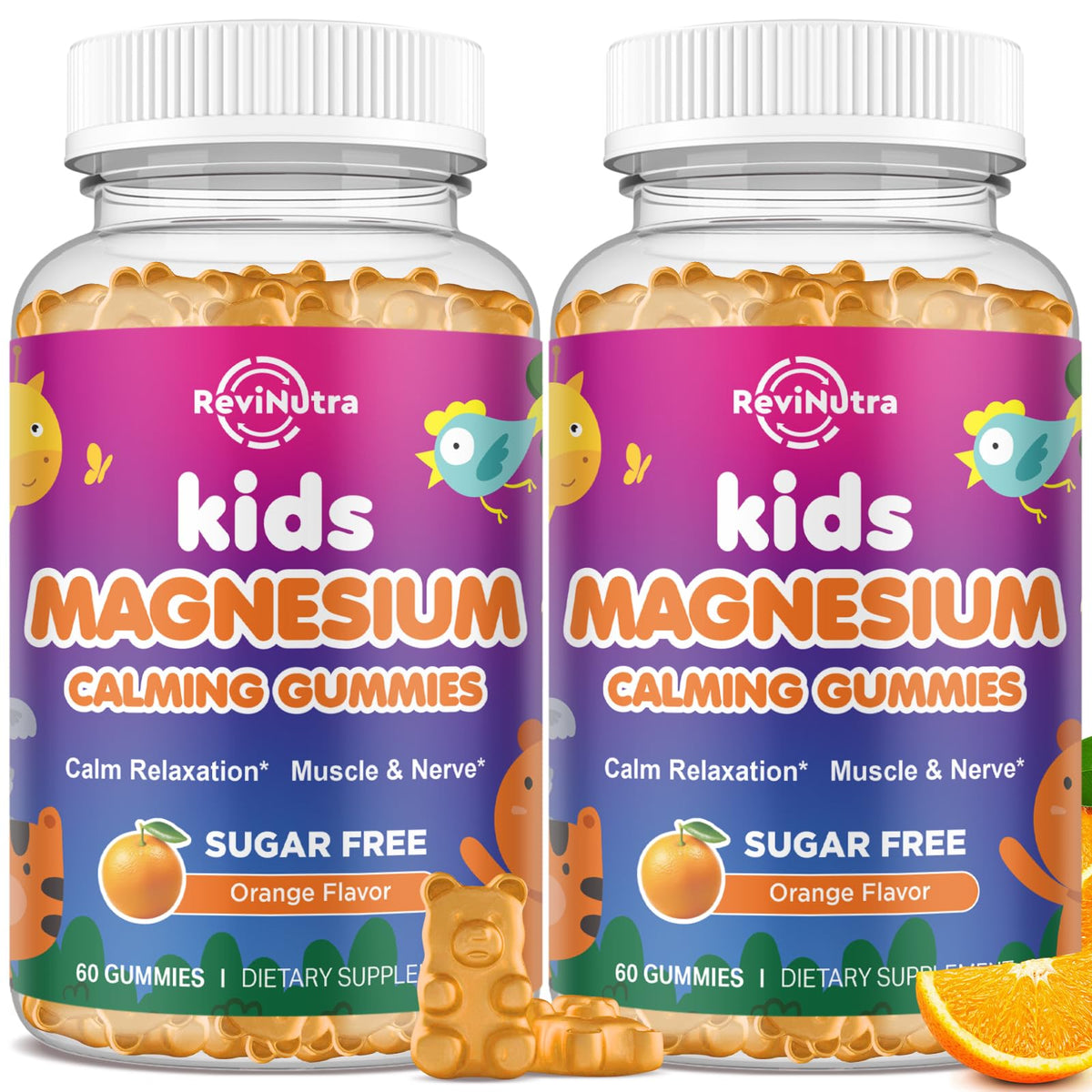 ReviNutra gominolas de magnesio en envase para niños, apoyo al bienestar diario.