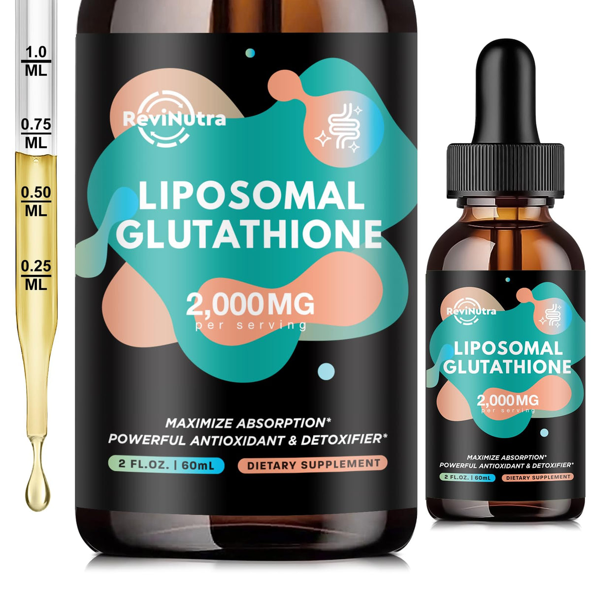 ReviNutra Glutatión liposomal, botella de 2000 mg, solución líquida lista para uso diario.