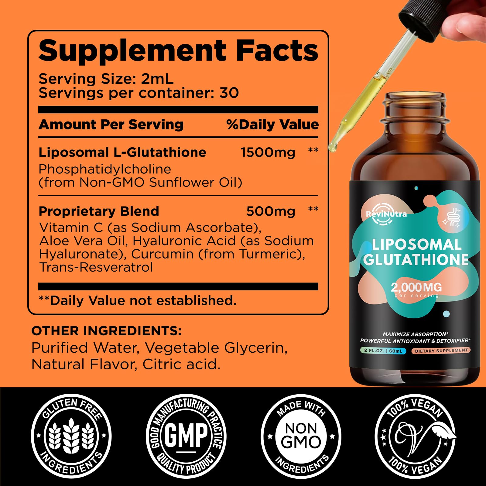 Gotas de ReviNutra Glutatión liposomal en cuentagotas, dosificación precisa para consumo diario.