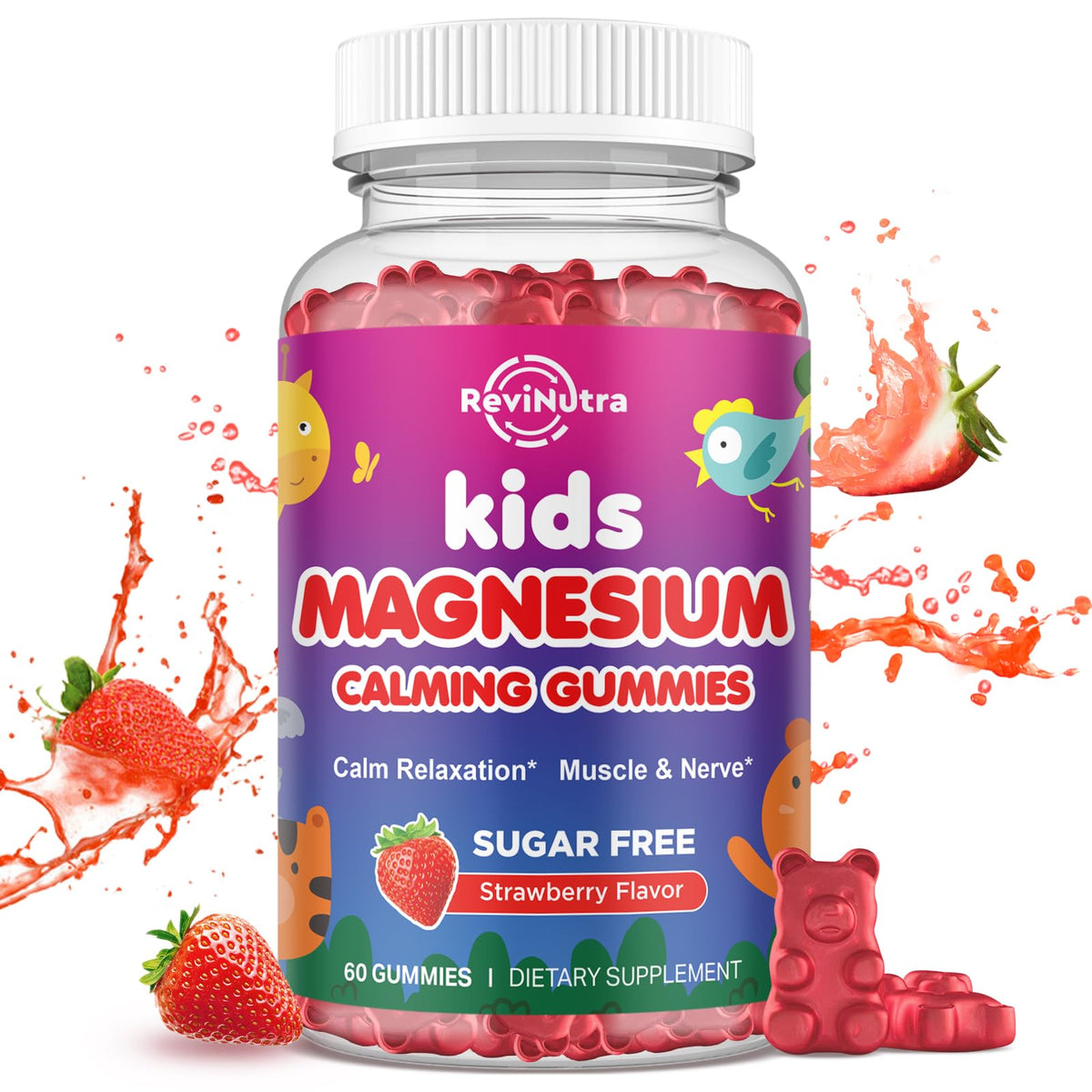 Gominolas de magnesio ReviNutra para niños en frasco, apoyan músculos sanos y desarrollo óseo