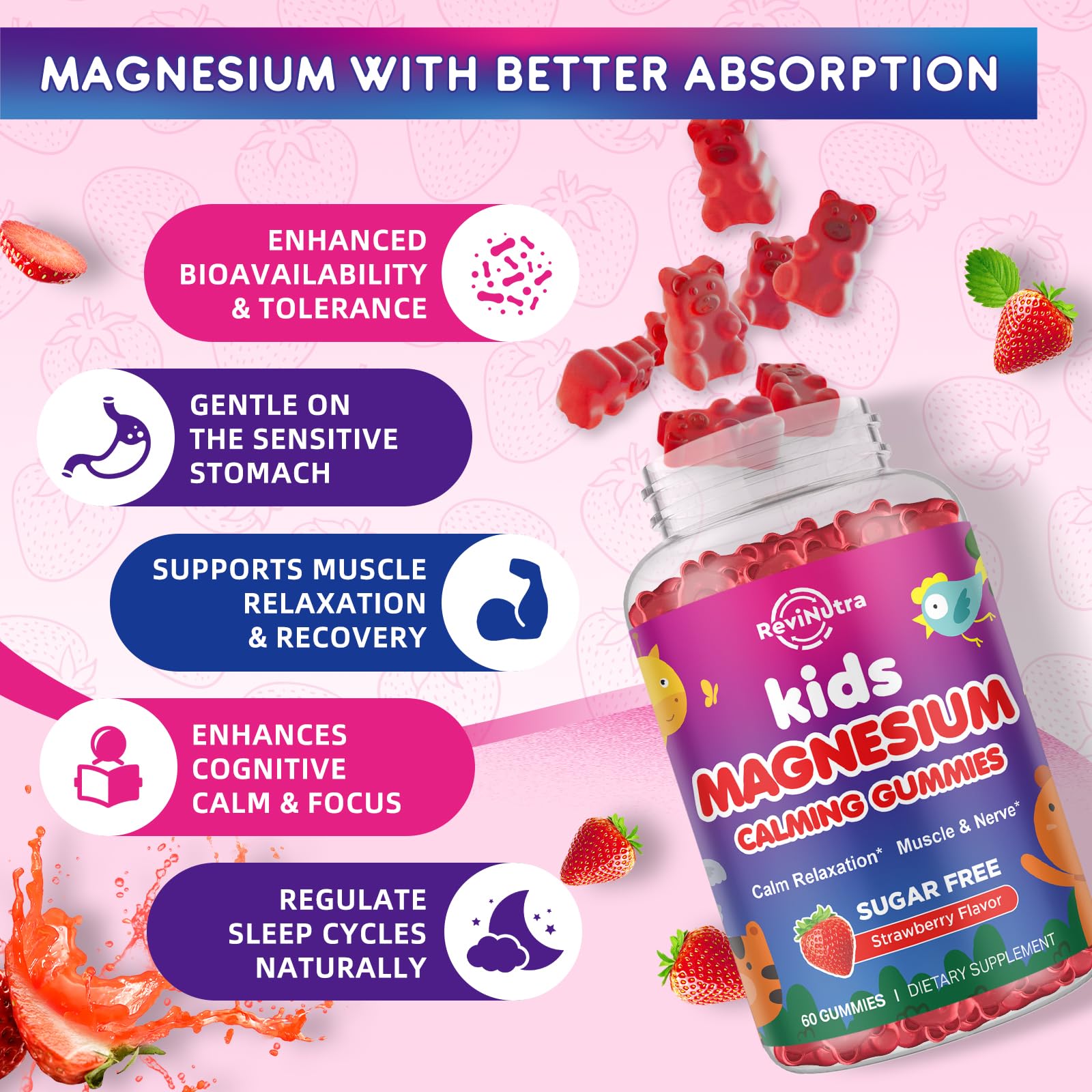 Gominolas de magnesio ReviNutra sabor fresa para niños, promueven una experiencia agradable
