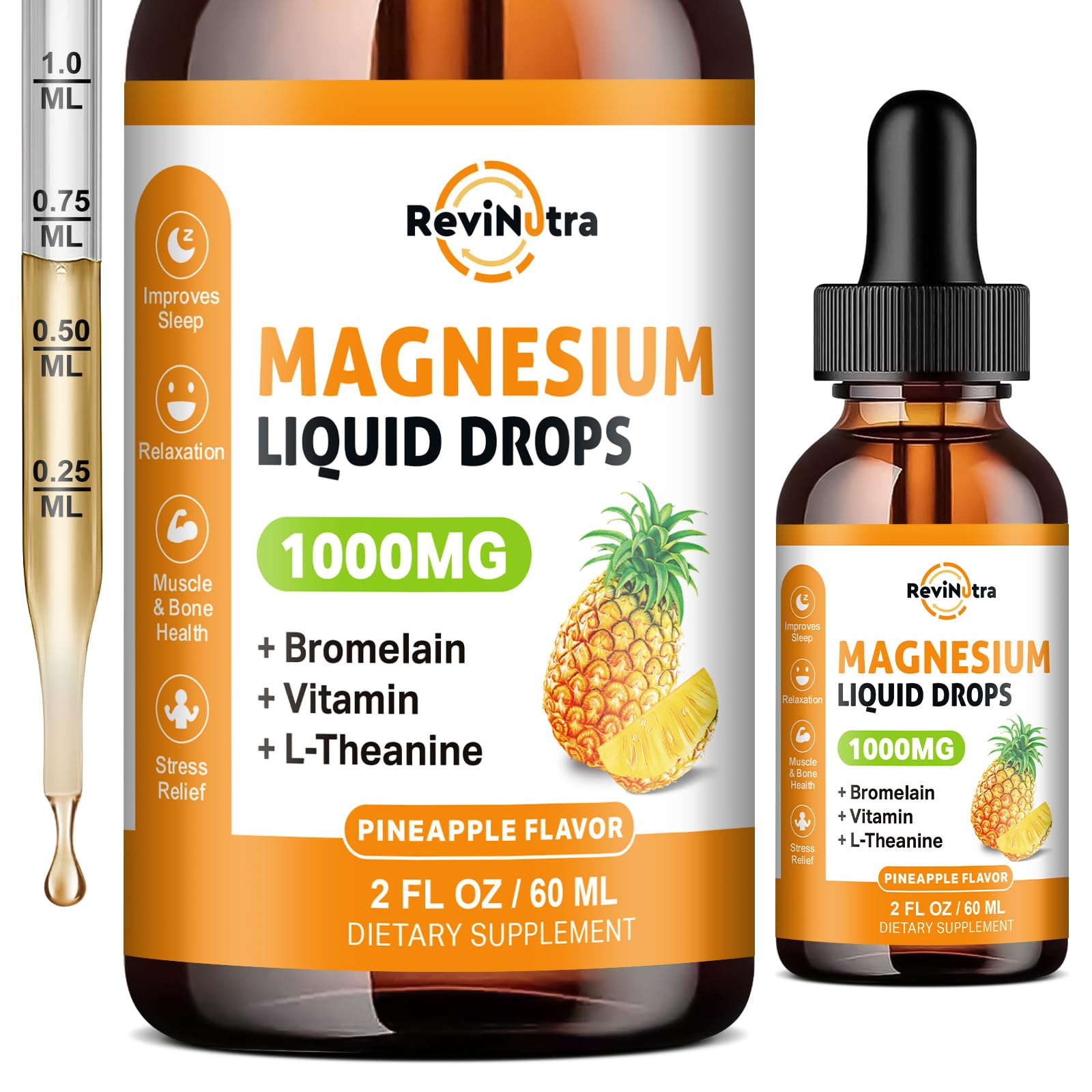 ReviNutra gotas de magnesio glicinato sabor pina para absorcion rapida bajo la lengua